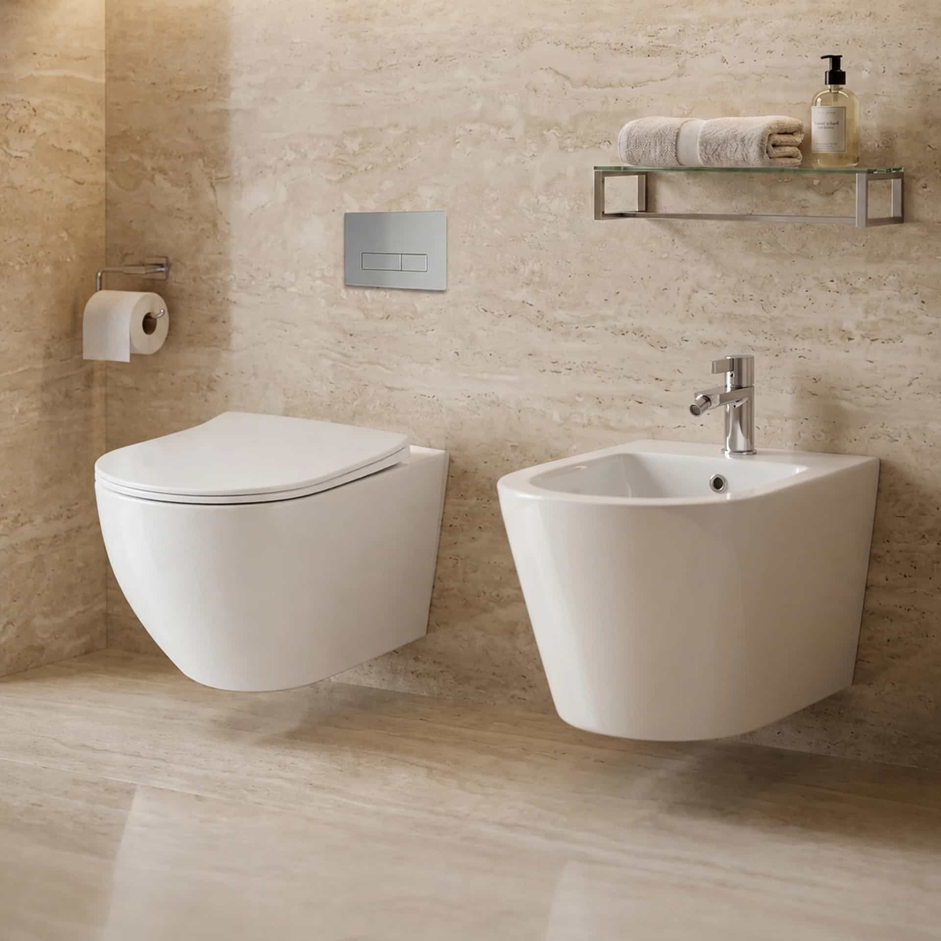 Set Vas WC suspendat rimless fara margini  Sofia Alb finisaj lucios cu capac Soft Close + Bideu Suspendat Sofia Alb T203 - 49x36x36cm