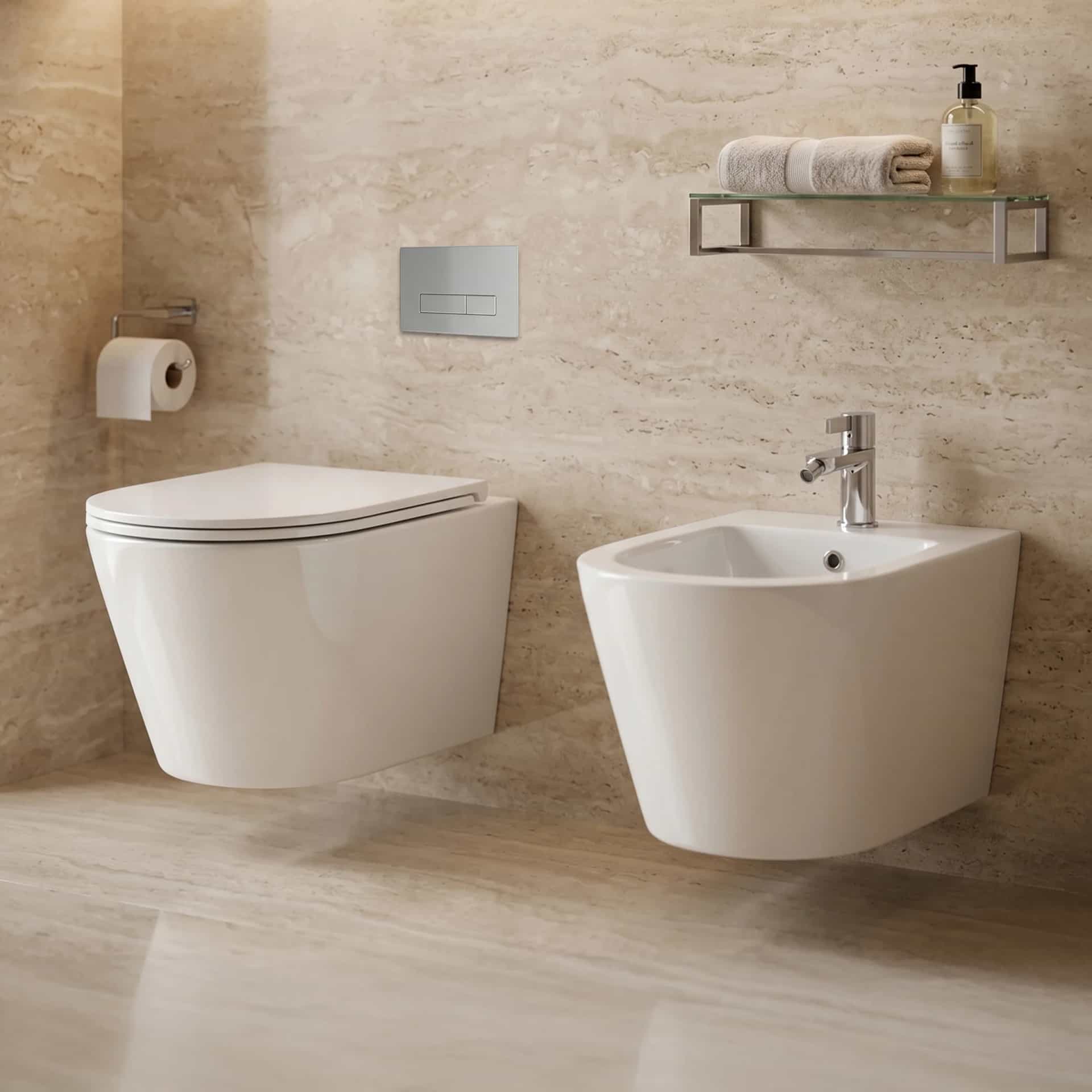 Set Vas WC suspendat rimless fara margini Atena cu capac Soft Close Duroplast inchidere lenta + Bide suspendat Alb T201 - 49x36x36cm