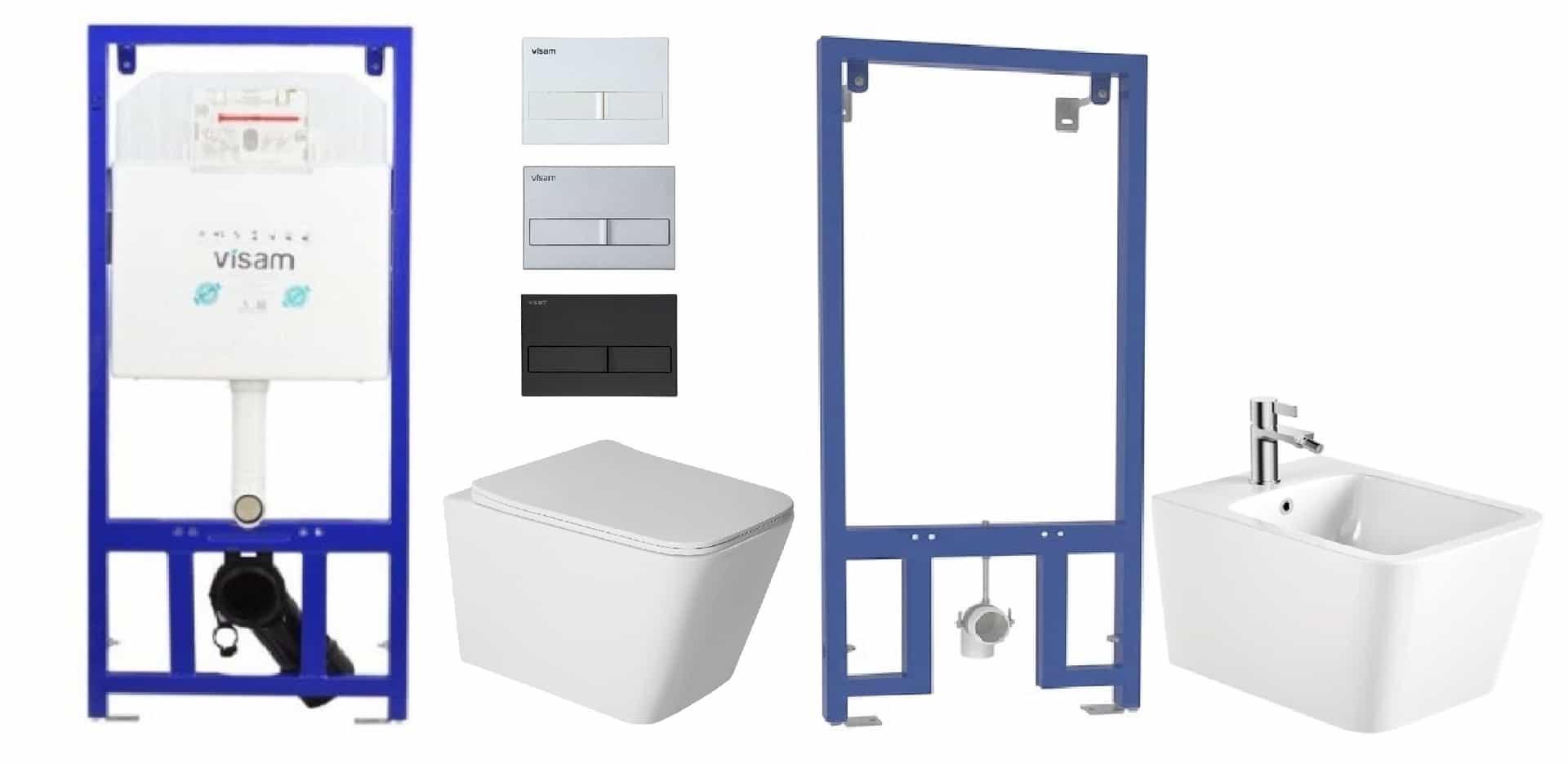 Set 6 in 1 Rezervor incastrat Visam Slim 80 clapeta alba/gri/negru cu Vas WC suspendat Florence alb si capac UV softclose Cadru metalic cu Bide Florence alb suspendat 52x36x36