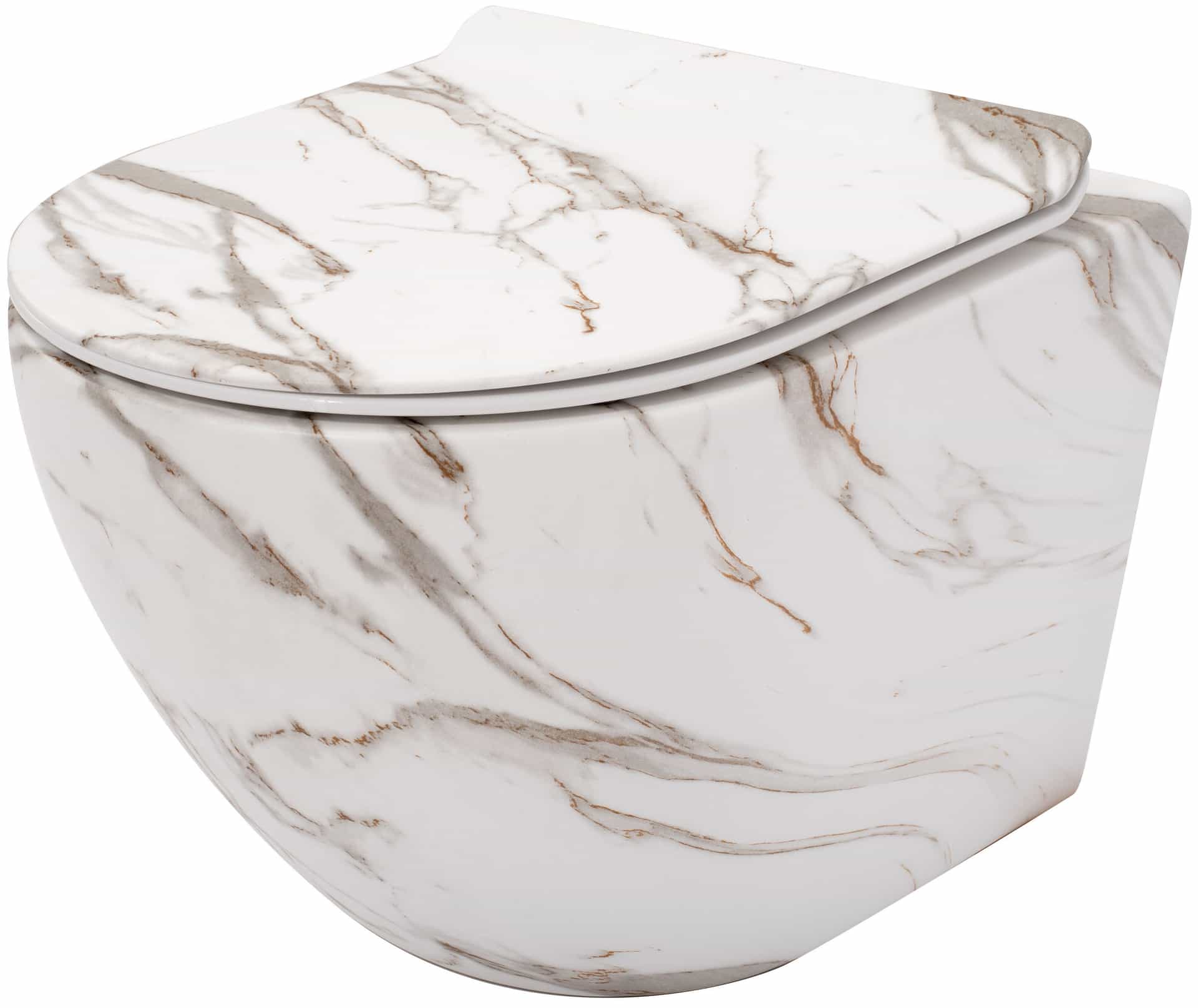 Vas WC suspendat Sofia Marble Tornado Rimless fara margini ceramica lucioasa cu capac soft close duroplast inchidere lenta 49x36x36cm