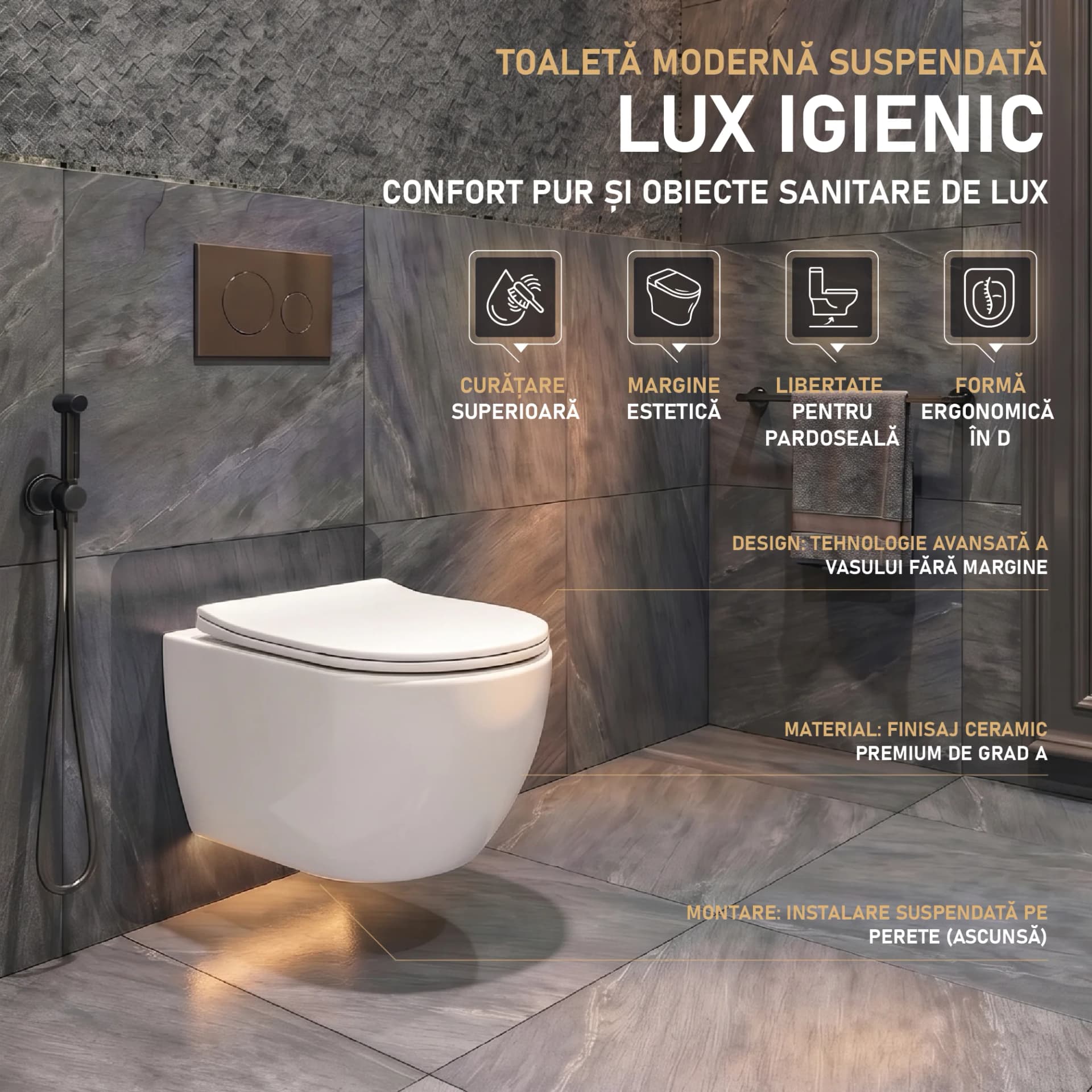 Vas WC suspendat rimless fara margini Sofia  alb ceramica lucioasa cu capac soft close duroplast inchidere lenta T203 - 49x36x36cm