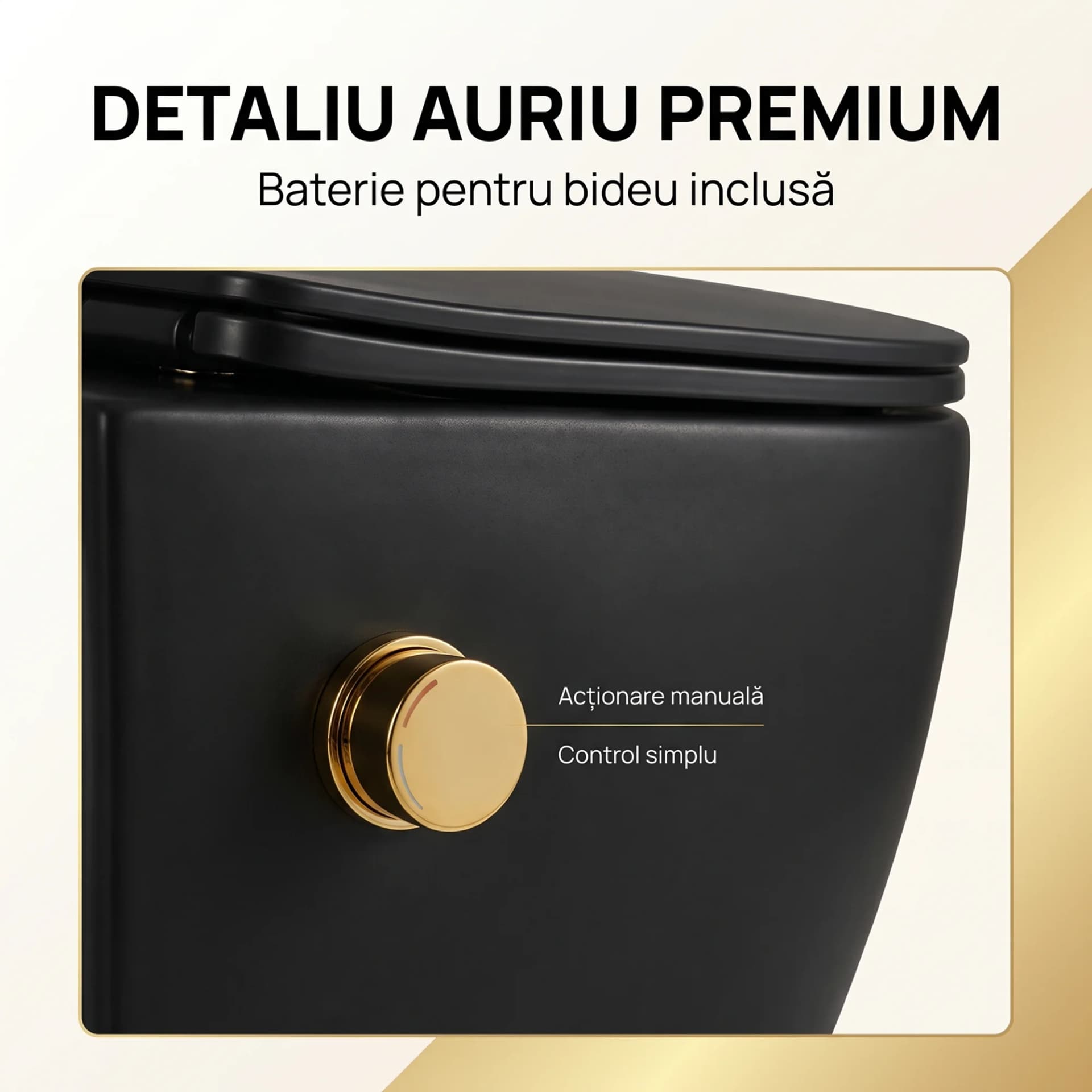 Vas WC suspendat rimless fara margini Sofia Negru si capac Soft Close Duroplast cu inchidere lenta si cu Baterie Bideu Gold incorporat apa calda - rece T49x36x36cm