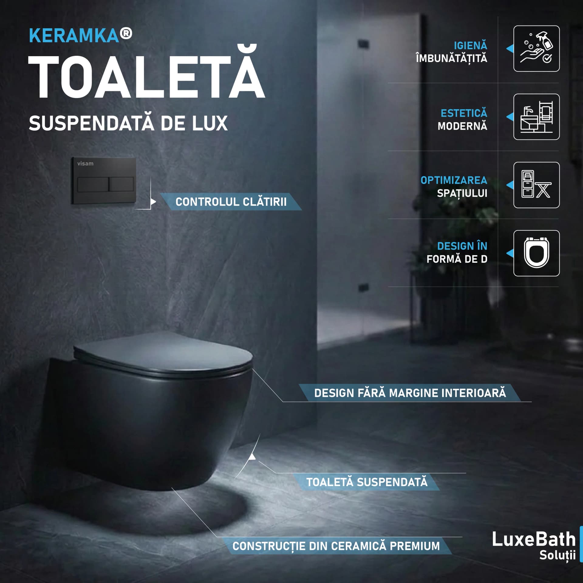 Set Rezervor incastrat Visam Slim 80 clapeta neagra  cu Vas WC Suspendat rimless fara margini  negru si capac soft close duroplast inchidere lenta T203MB  - 49x36x36cm