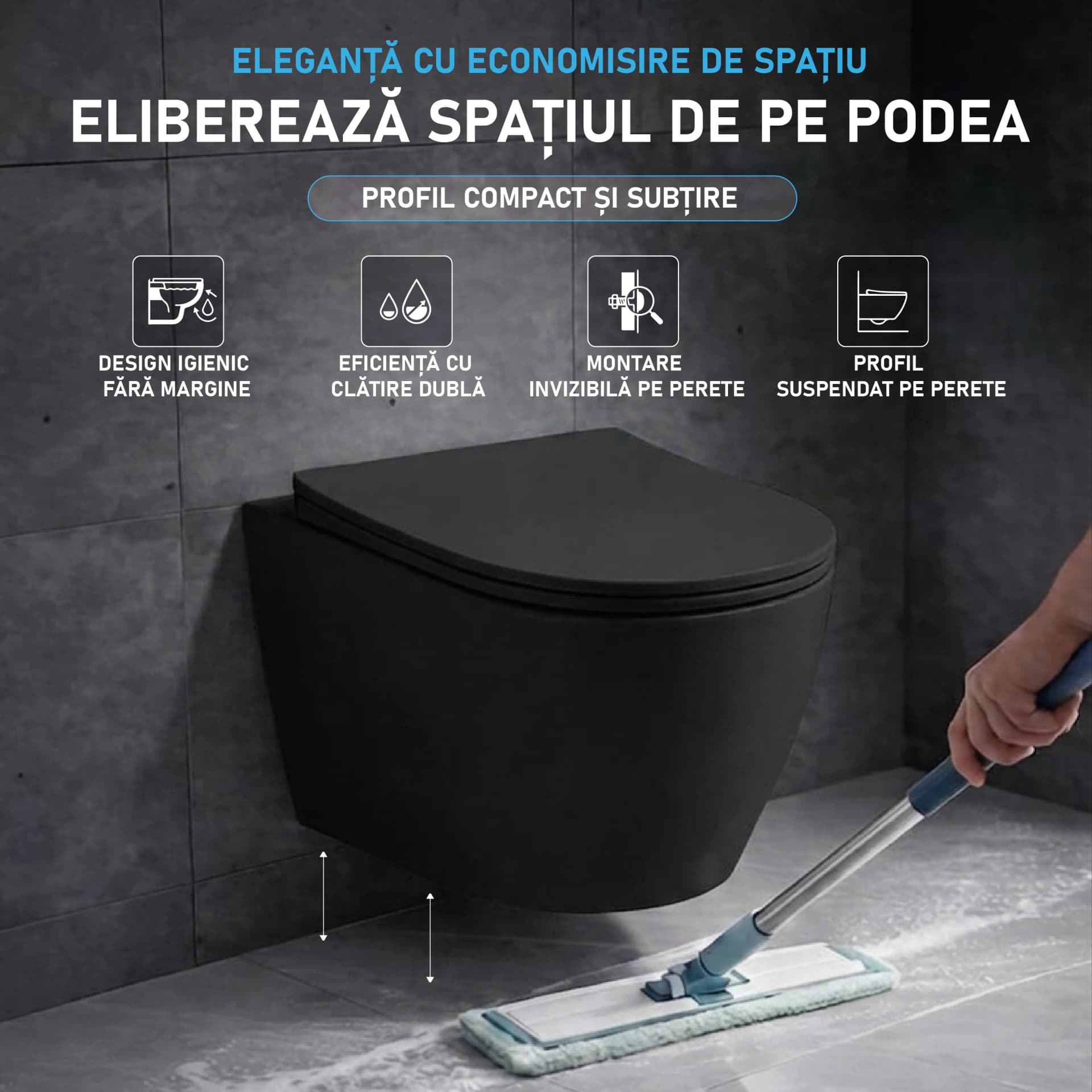 Set Rezervor incastrat Visam Slim 80 clapeta neagra  cu Vas WC Suspendat rimless fara margini  negru si capac soft close duroplast inchidere lenta T203MB  - 49x36x36cm