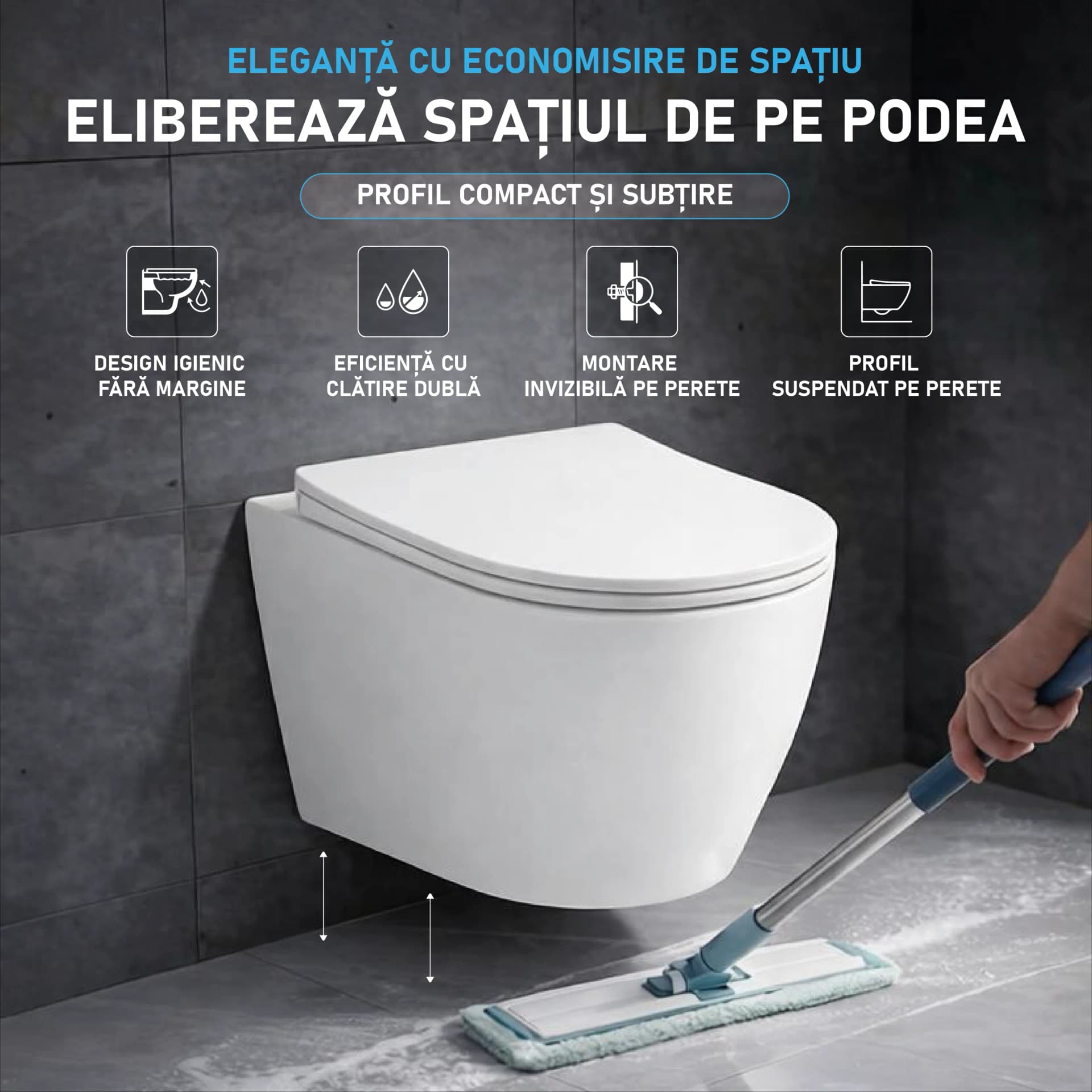 Set WC cu rezervor încastrat Visam Slim – vas WC suspendat rimless Atena cu capac soft-close și clapetă inclusă T201