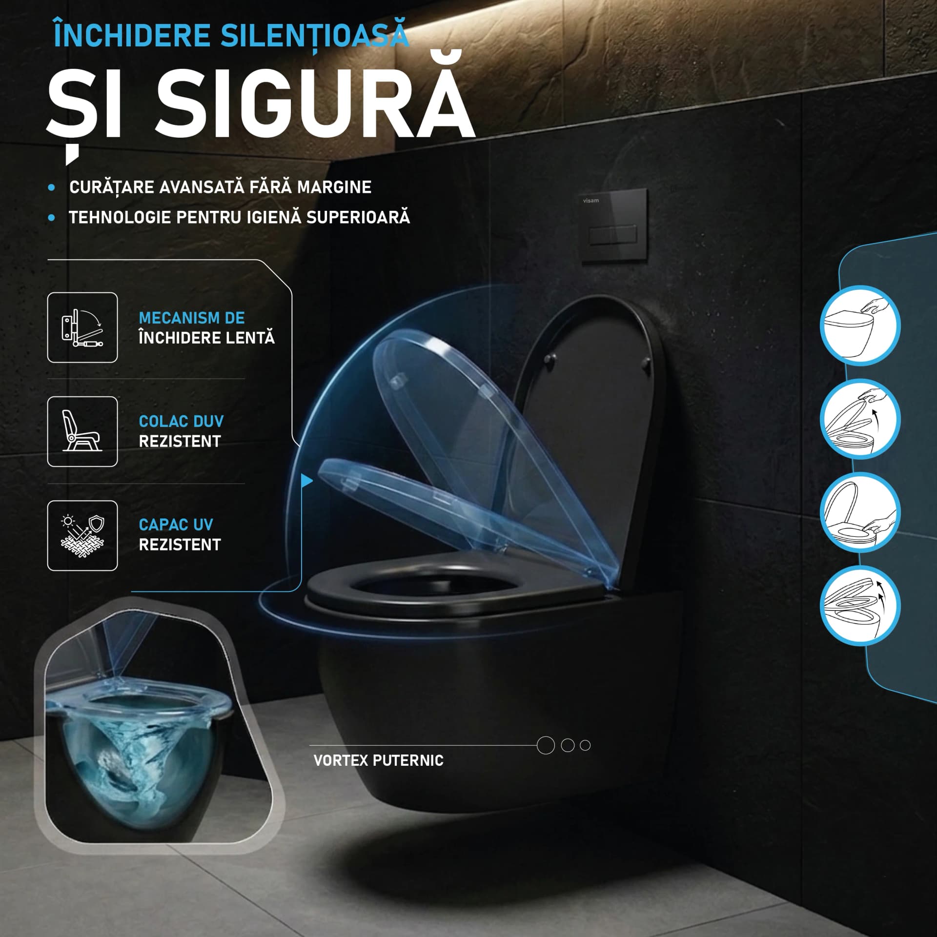 Set Rezervor incastrat Visam Slim 80 clapeta neagra  cu Vas WC Suspendat rimless fara margini  negru si capac soft close duroplast inchidere lenta T203MB  - 49x36x36cm