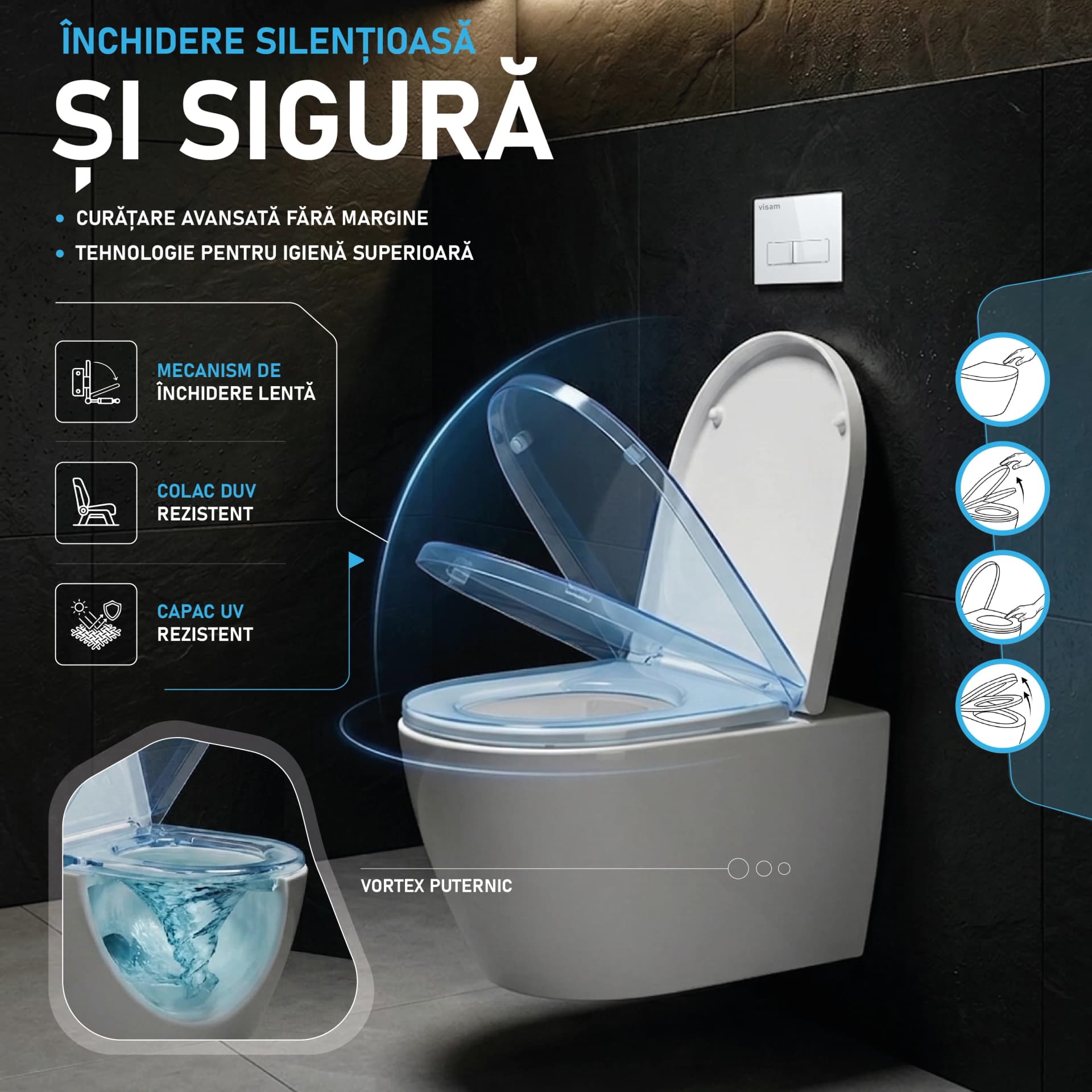 Set WC cu rezervor încastrat Visam Slim – vas WC suspendat rimless Sofia cu capac soft-close și clapetă inclusă