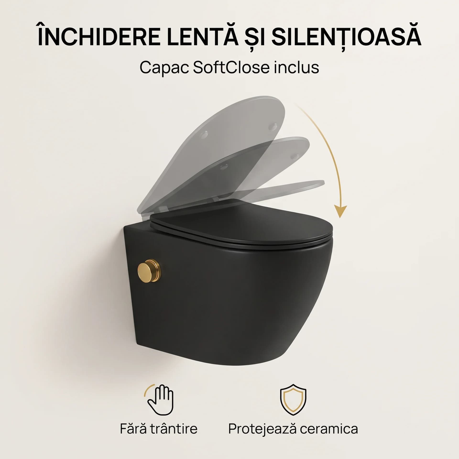 Vas WC suspendat rimless fara margini Sofia Negru si capac Soft Close Duroplast cu inchidere lenta si cu Baterie Bideu Gold incorporat apa calda - rece T49x36x36cm