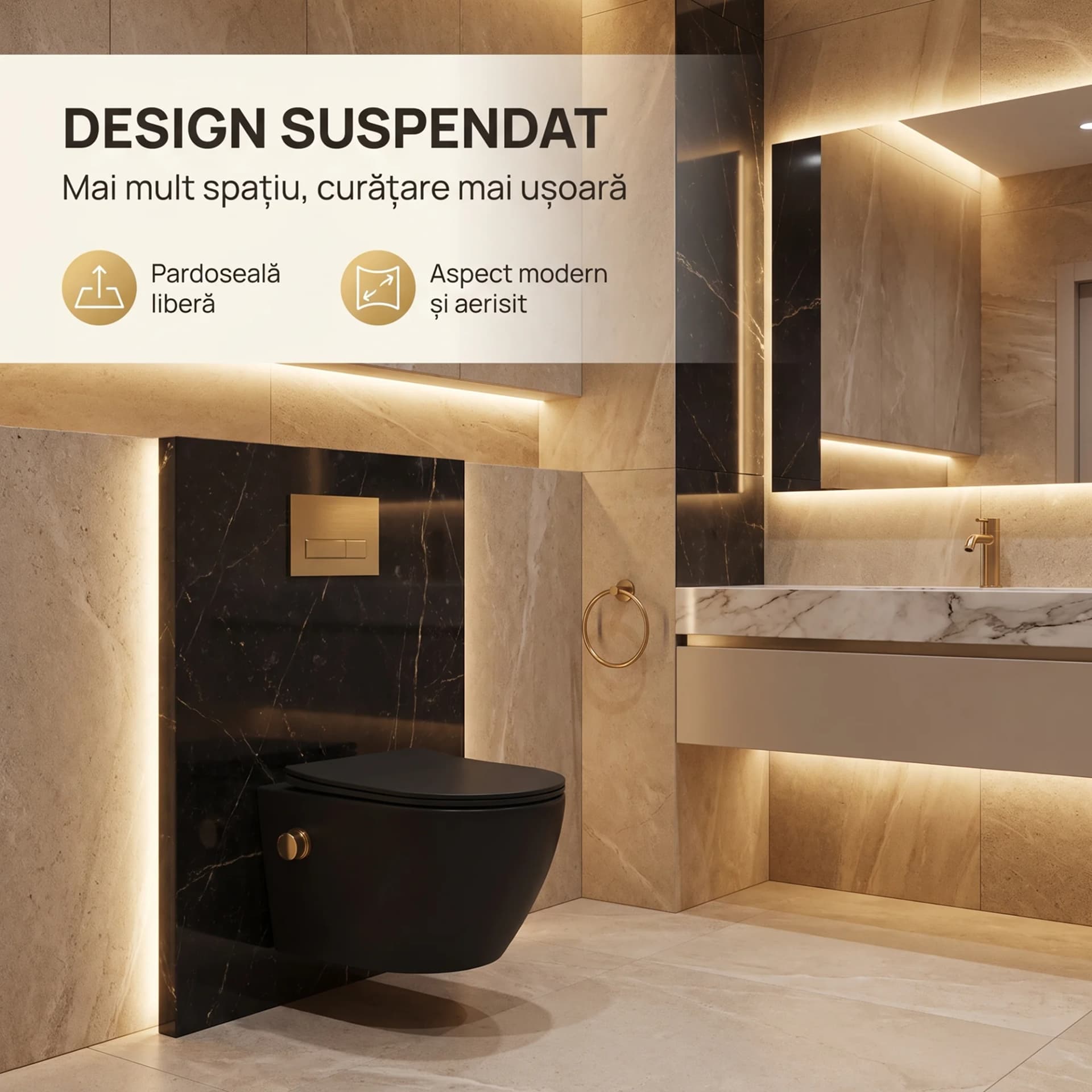 Vas WC suspendat rimless fara margini Sofia Negru si capac Soft Close Duroplast cu inchidere lenta si cu Baterie Bideu Gold incorporat apa calda - rece T49x36x36cm