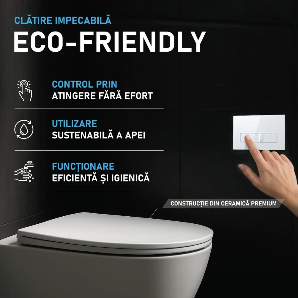 Set WC cu rezervor încastrat Visam Slim – vas WC suspendat rimless Atena cu capac soft-close și clapetă inclusă T201