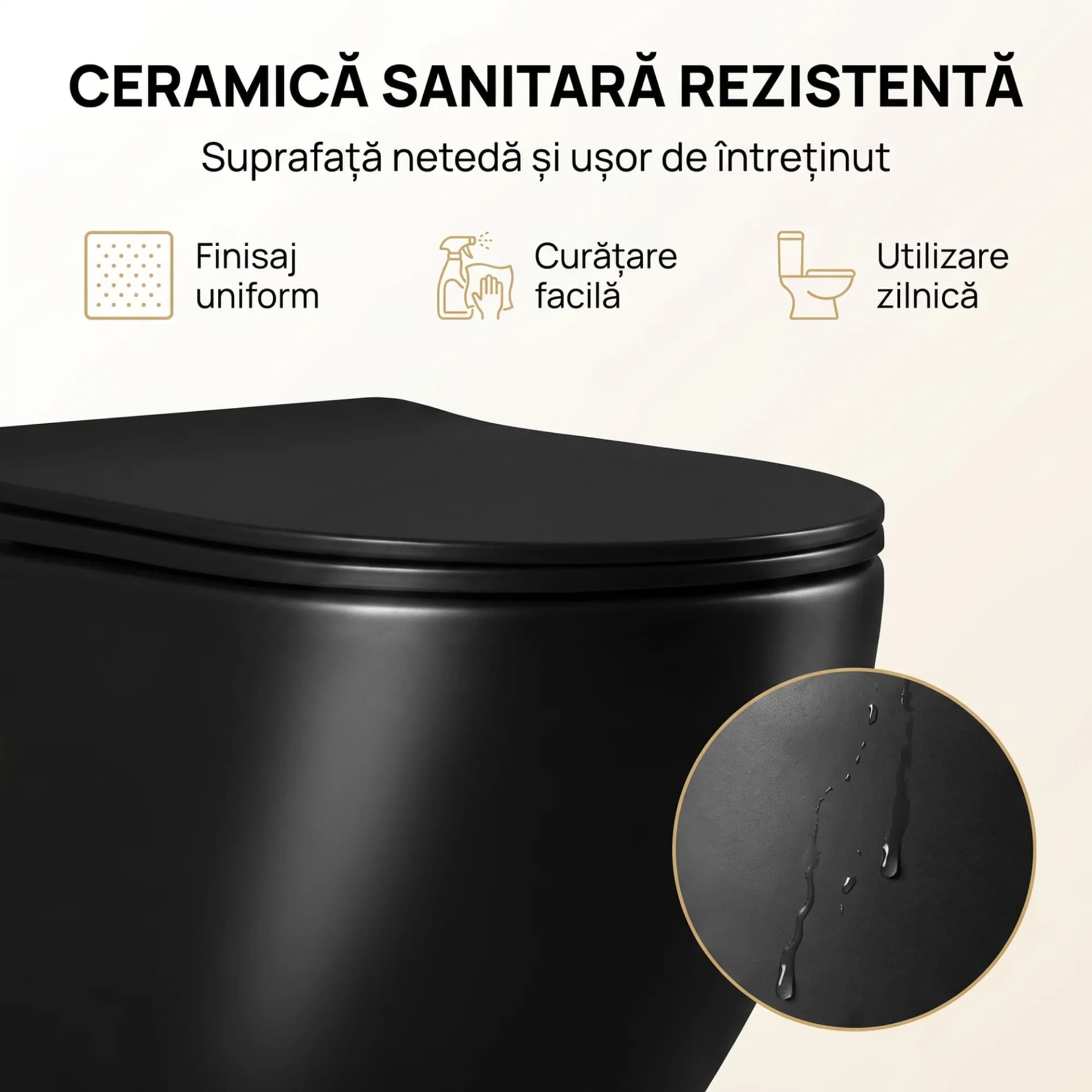 Vas WC suspendat rimless fara margini Sofia Negru si capac Soft Close Duroplast cu inchidere lenta si cu Baterie Bideu Gold incorporat apa calda - rece T49x36x36cm