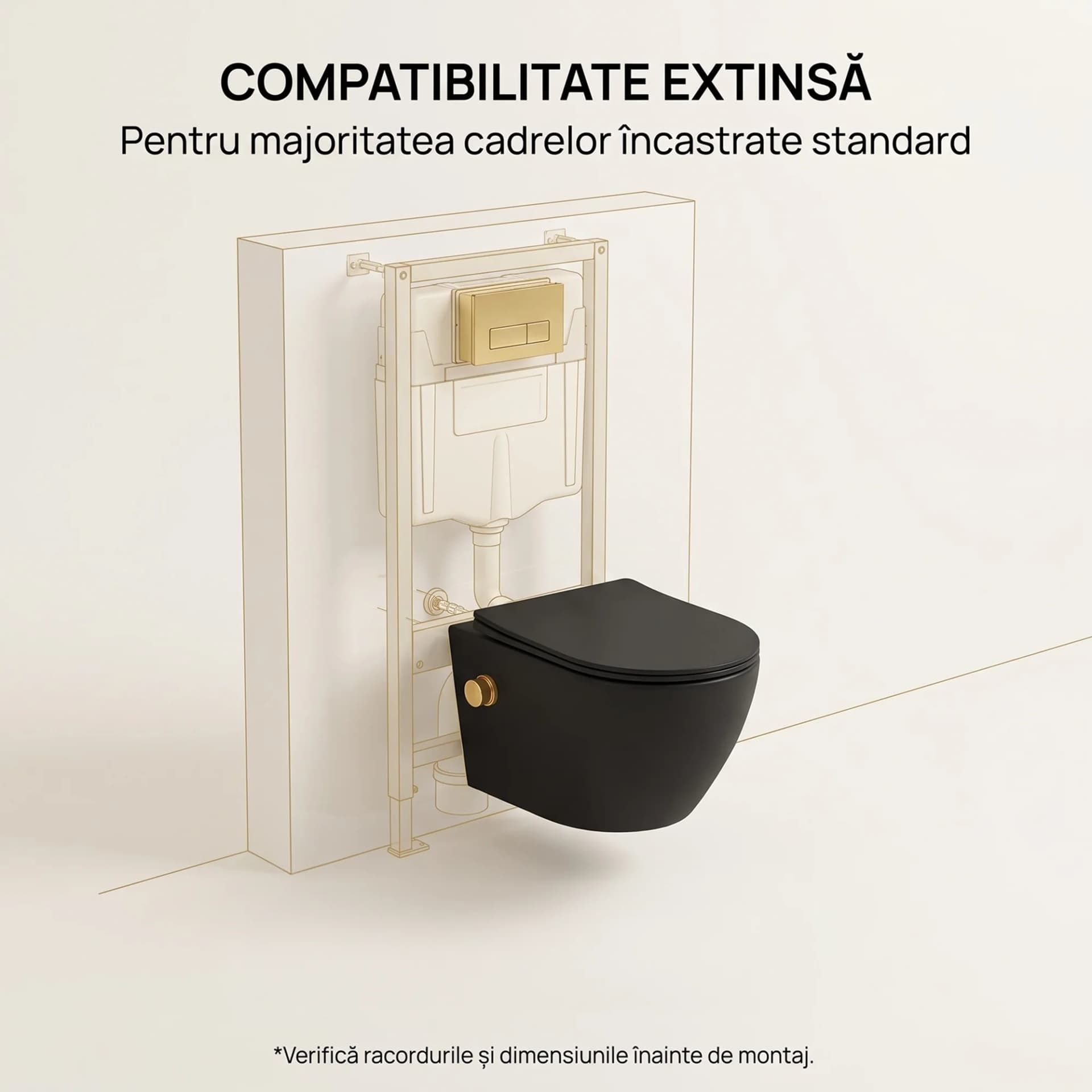 Vas WC suspendat rimless fara margini Sofia Negru si capac Soft Close Duroplast cu inchidere lenta si cu Baterie Bideu Gold incorporat apa calda - rece T49x36x36cm