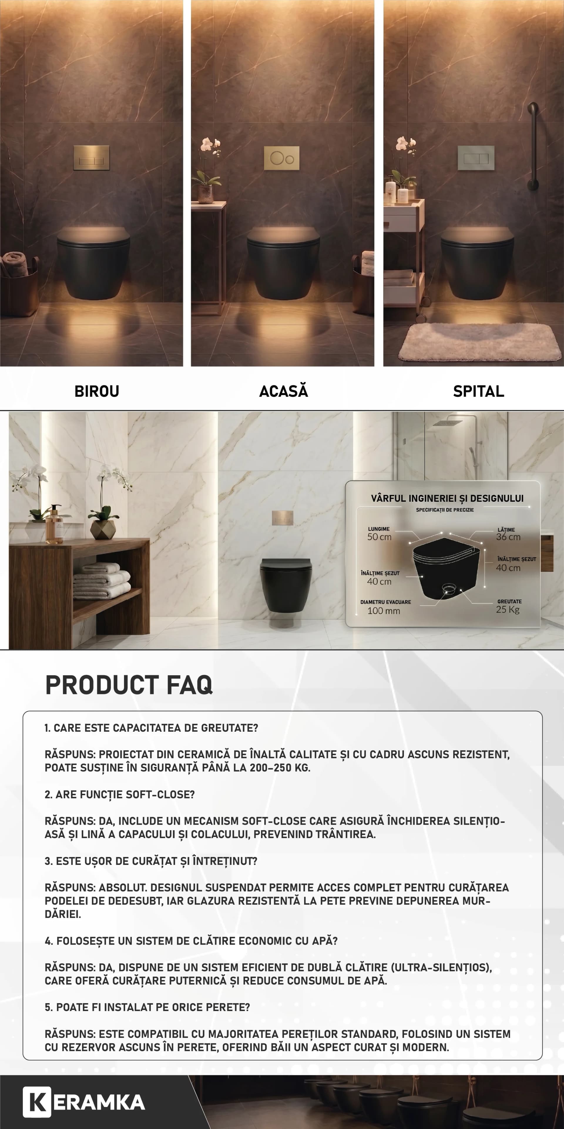 Vas WC suspendat Sofia Negru Rimless fara margini  si capac Soft Close Duroplast cu inchidere lenta si cu Baterie Bideu Neagra incorporata apa calda - rece 49x36x36cm