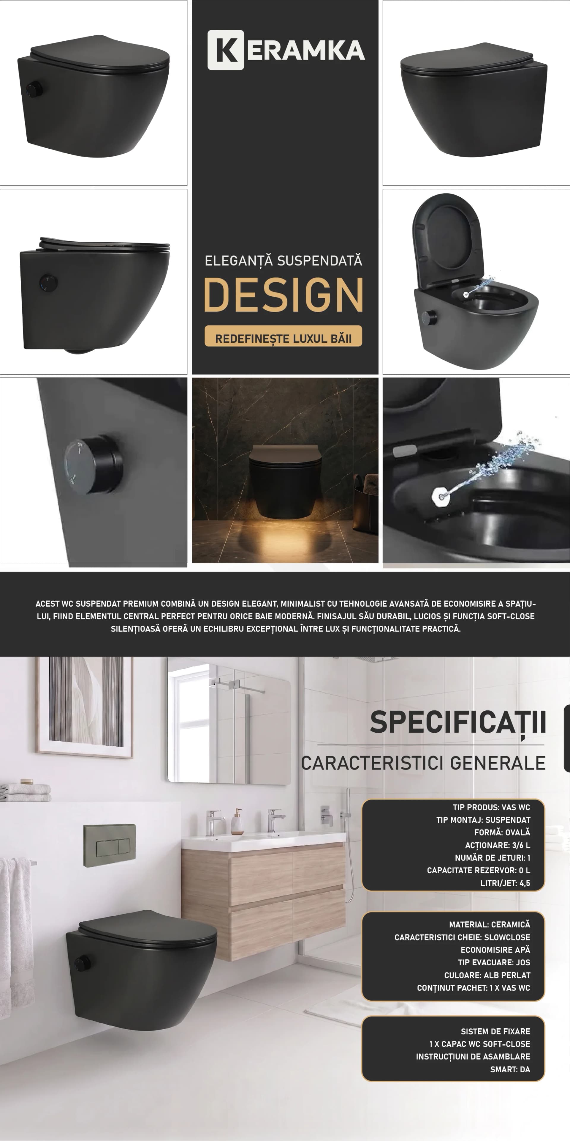 Vas WC suspendat Sofia Negru Rimless fara margini  si capac Soft Close Duroplast cu inchidere lenta si cu Baterie Bideu Neagra incorporata apa calda - rece 49x36x36cm