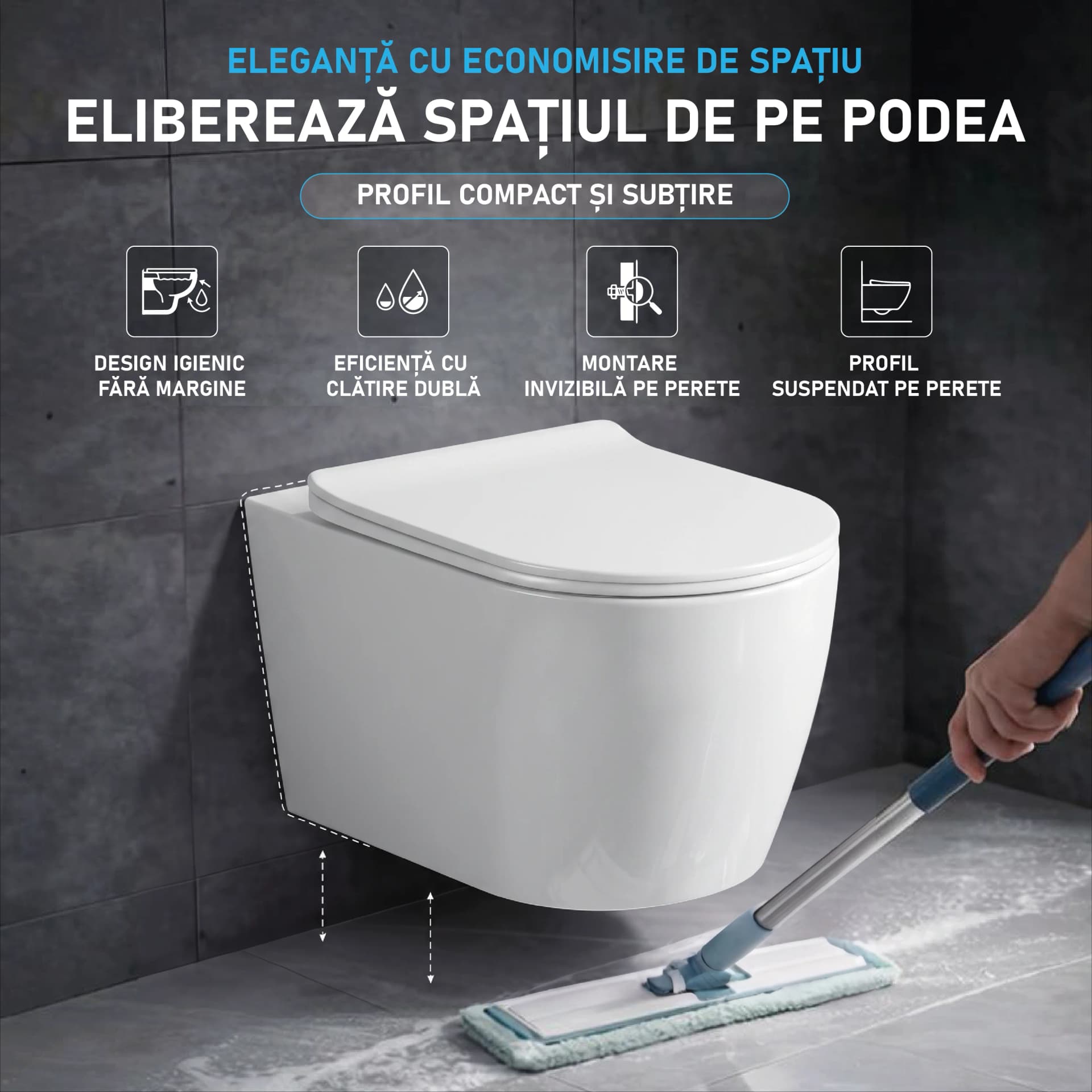 Set WC cu rezervor încastrat Visam Slim – vas WC suspendat rimless Sofia cu capac soft-close și clapetă inclusă