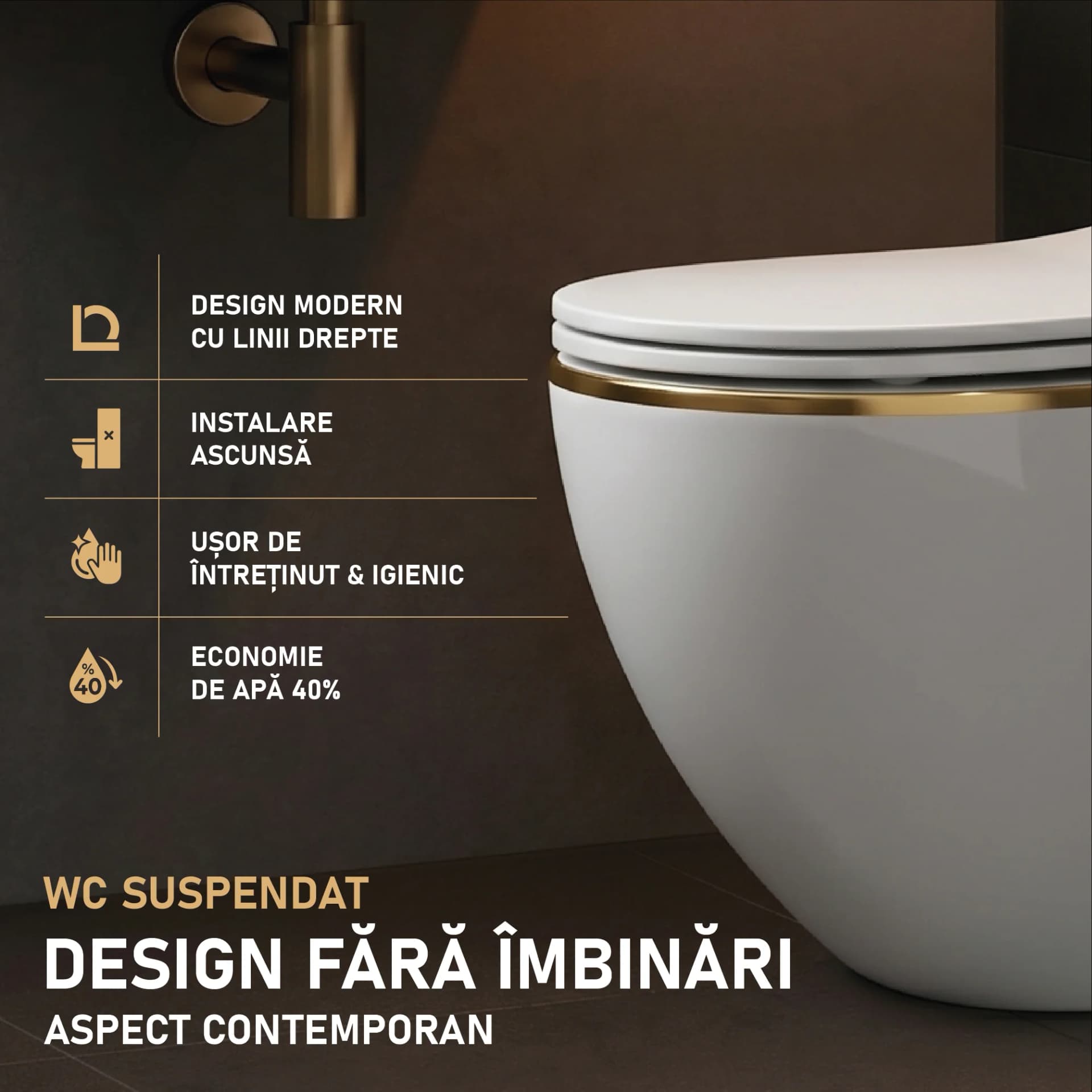 Set Vas WC  White Gold Line suspendat rimless alb ceramica + capac UV softclose