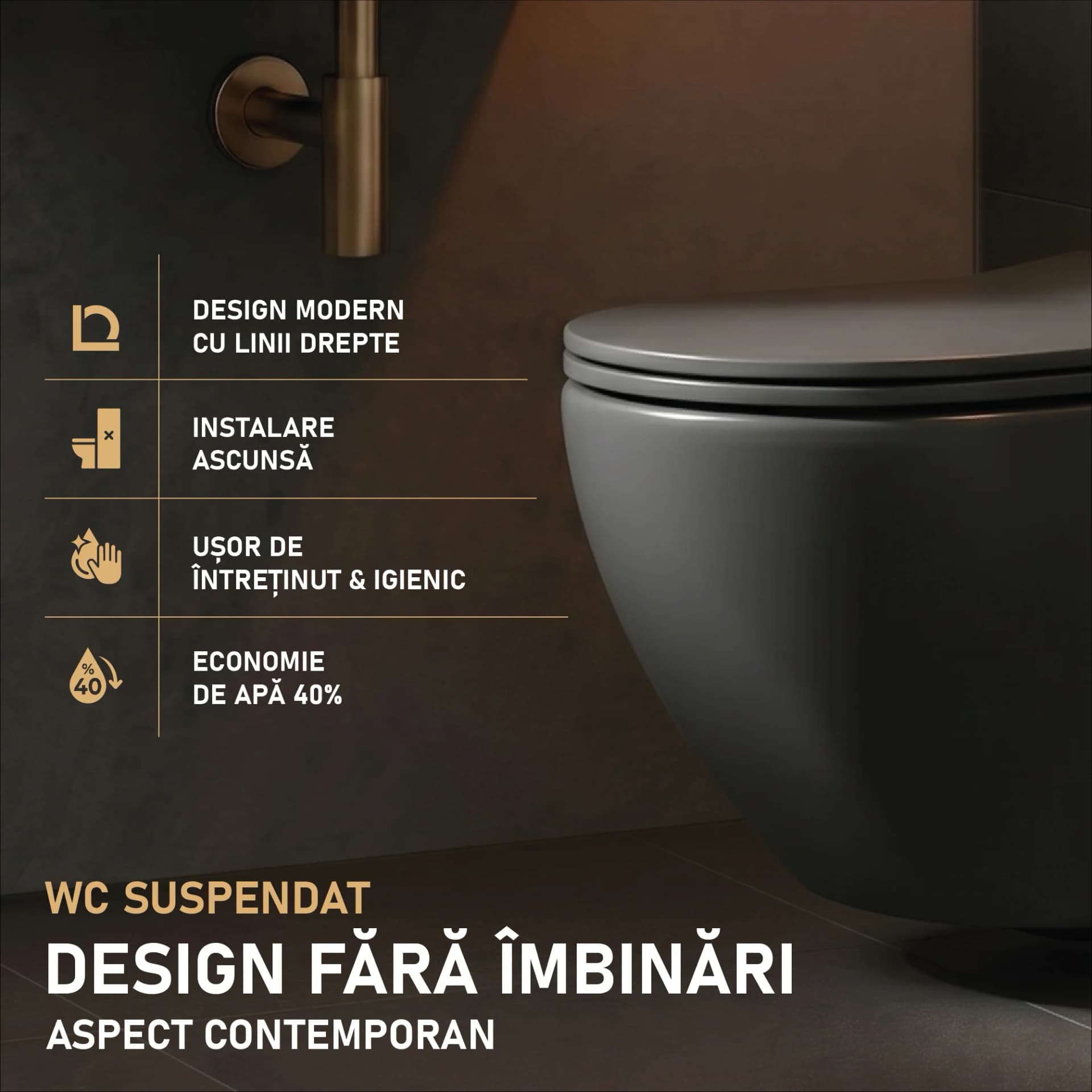 Vas WC suspendat Sofia Negru Rimless fara margini  si capac Soft Close Duroplast cu inchidere lenta si cu Baterie Bideu Neagra incorporata apa calda - rece 49x36x36cm