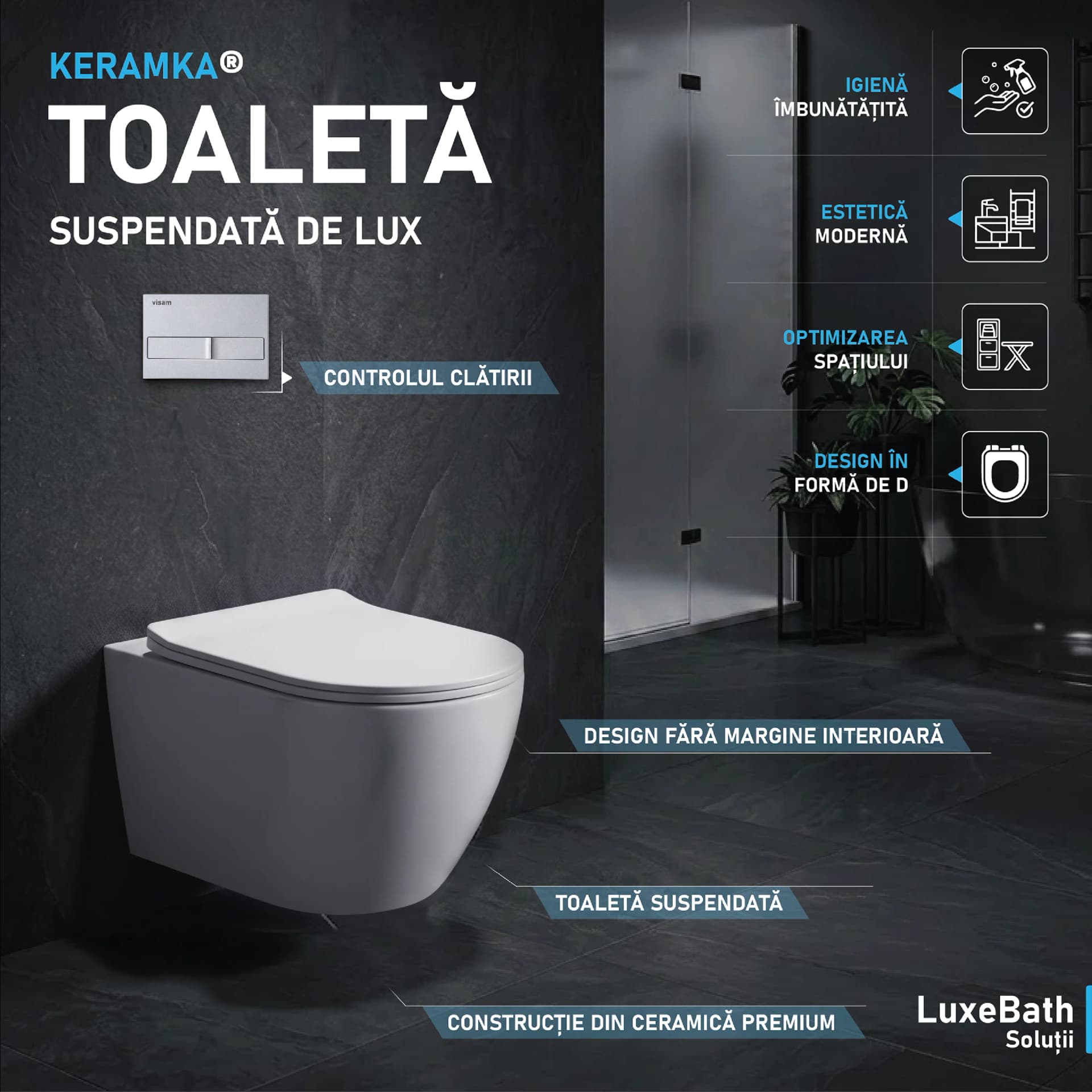 Set WC cu rezervor încastrat Visam Slim – vas WC suspendat rimless Sofia cu capac soft-close și clapetă inclusă