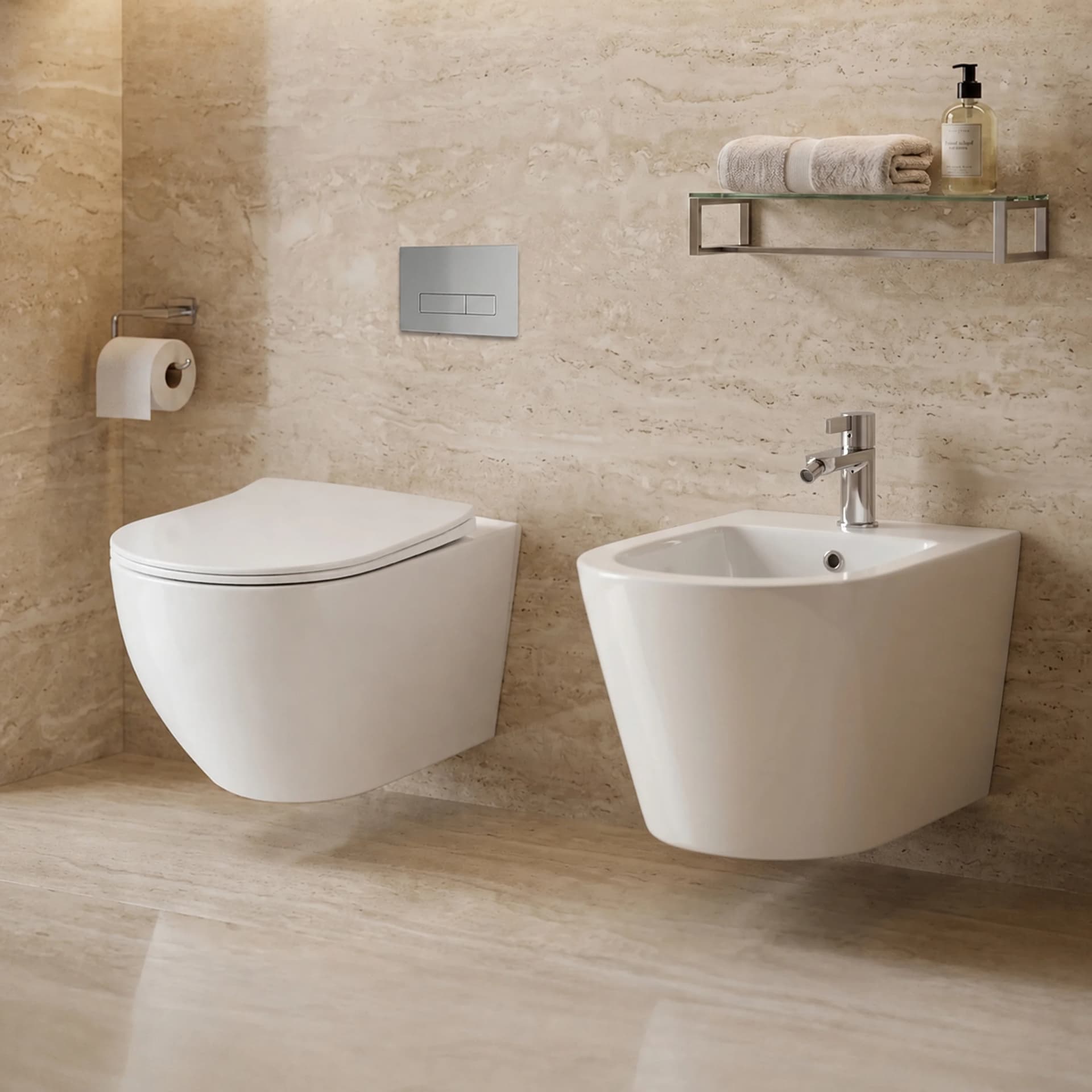 Set Vas WC suspendat rimless fara margini  Sofia Alb finisaj lucios cu capac Soft Close + Bideu Suspendat Sofia Alb T203 - 49x36x36cm