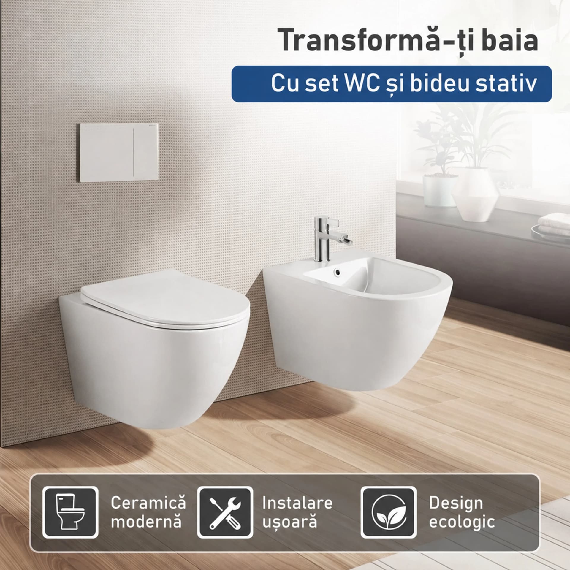 Set Vas WC suspendat rimless fara margini  Sofia Alb finisaj lucios cu capac Soft Close + Bideu Suspendat Sofia Alb T203 - 49x36x36cm
