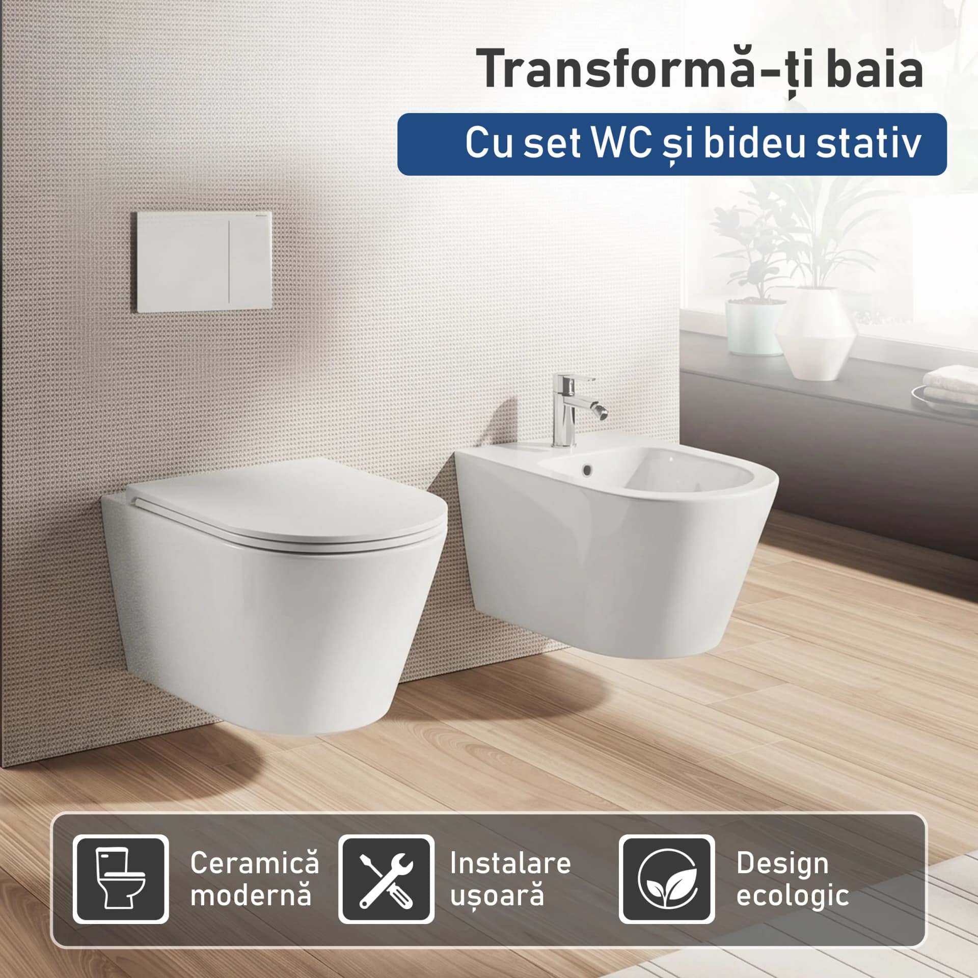Set Vas WC suspendat rimless fara margini Atena cu capac Soft Close Duroplast inchidere lenta + Bide suspendat Alb T201 - 49x36x36cm