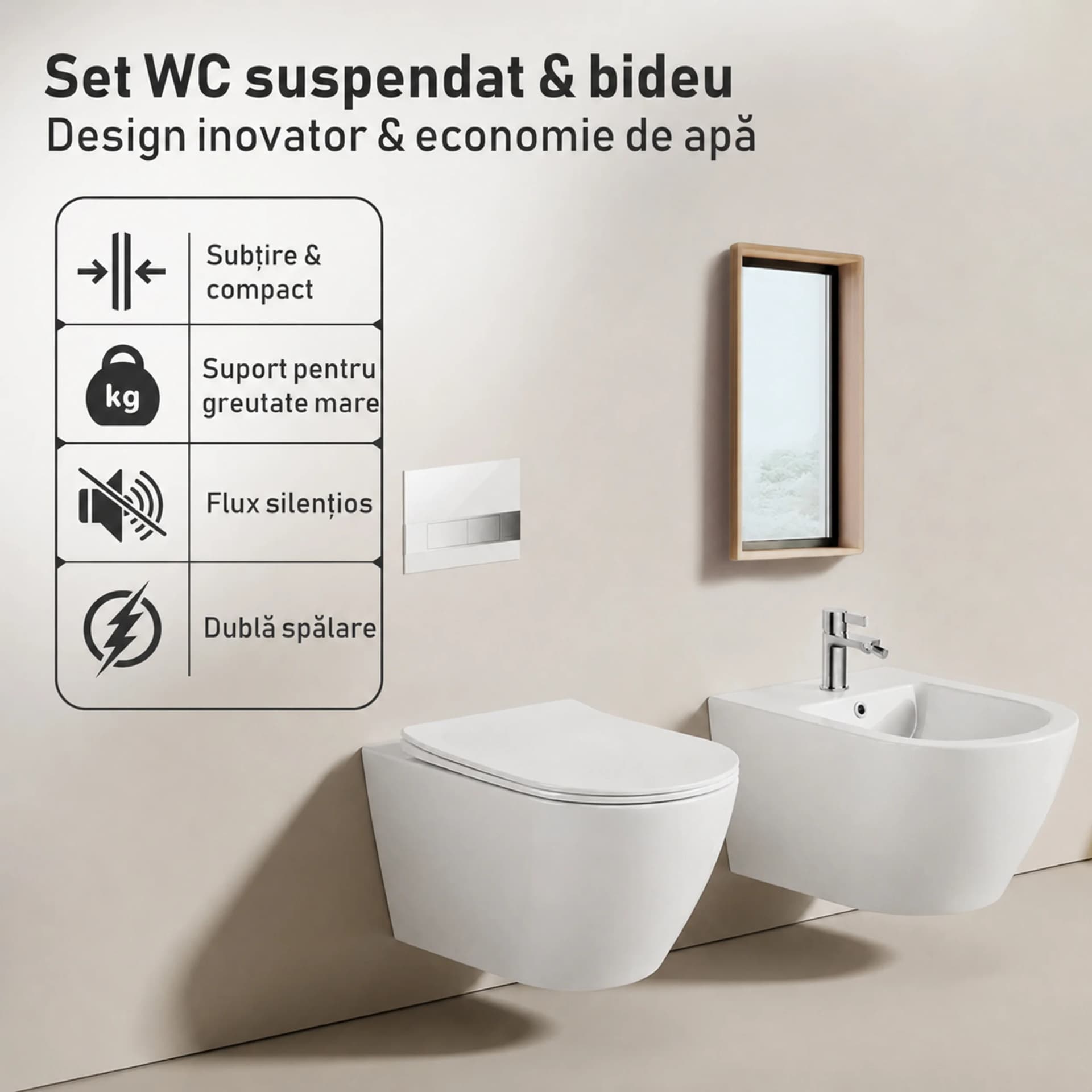 Set Vas WC suspendat rimless fara margini  Sofia Alb finisaj lucios cu capac Soft Close + Bideu Suspendat Sofia Alb T203 - 49x36x36cm