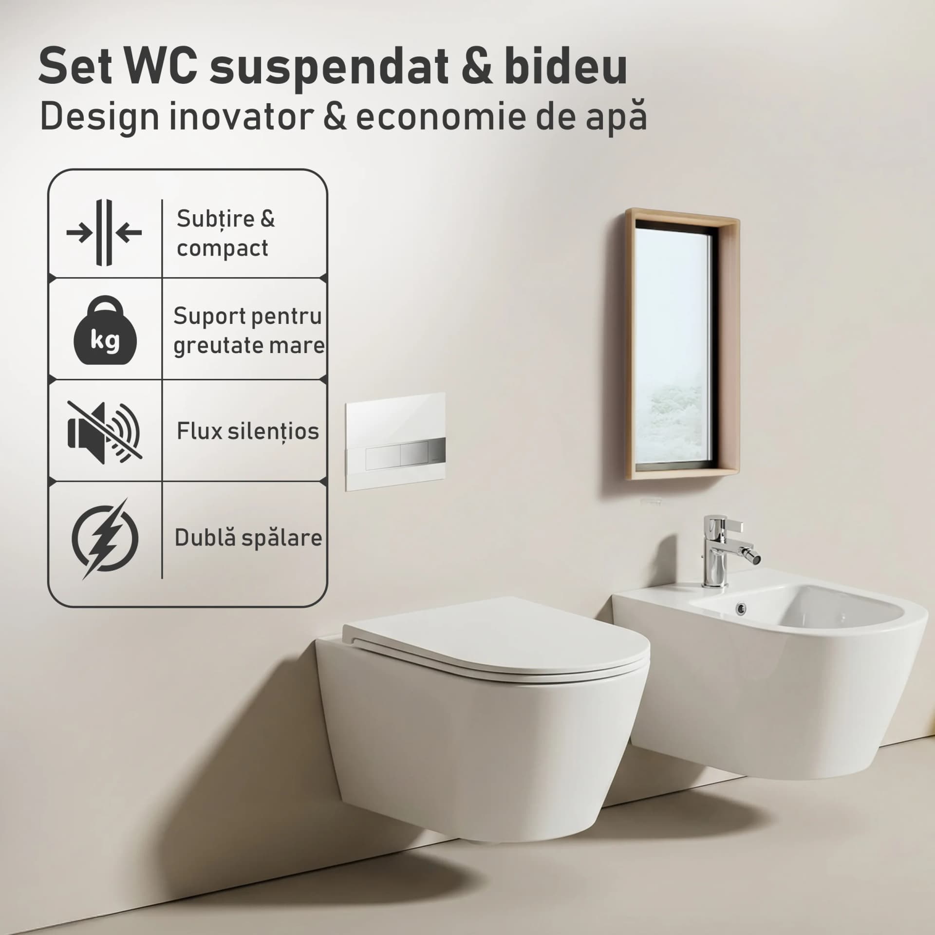 Set Vas WC suspendat rimless fara margini Atena cu capac Soft Close Duroplast inchidere lenta + Bide suspendat Alb T201 - 49x36x36cm