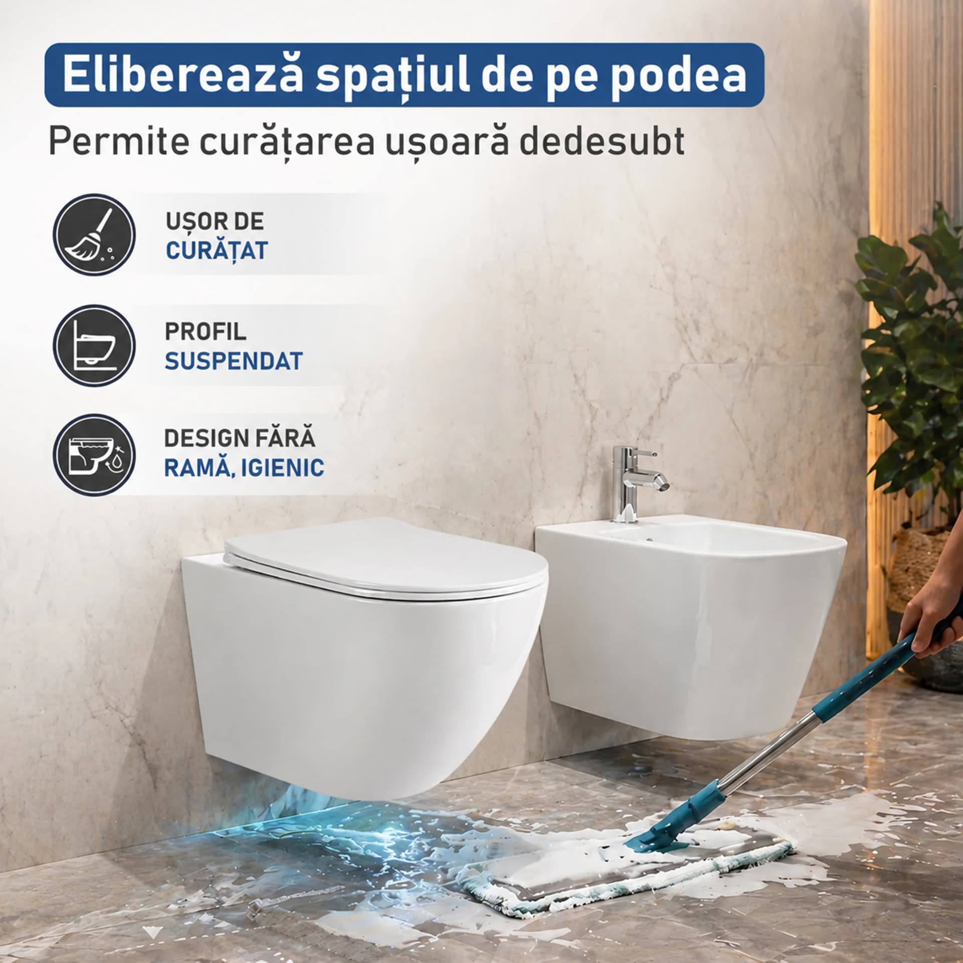 Set Vas WC suspendat rimless fara margini  Sofia Alb finisaj lucios cu capac Soft Close + Bideu Suspendat Sofia Alb T203 - 49x36x36cm