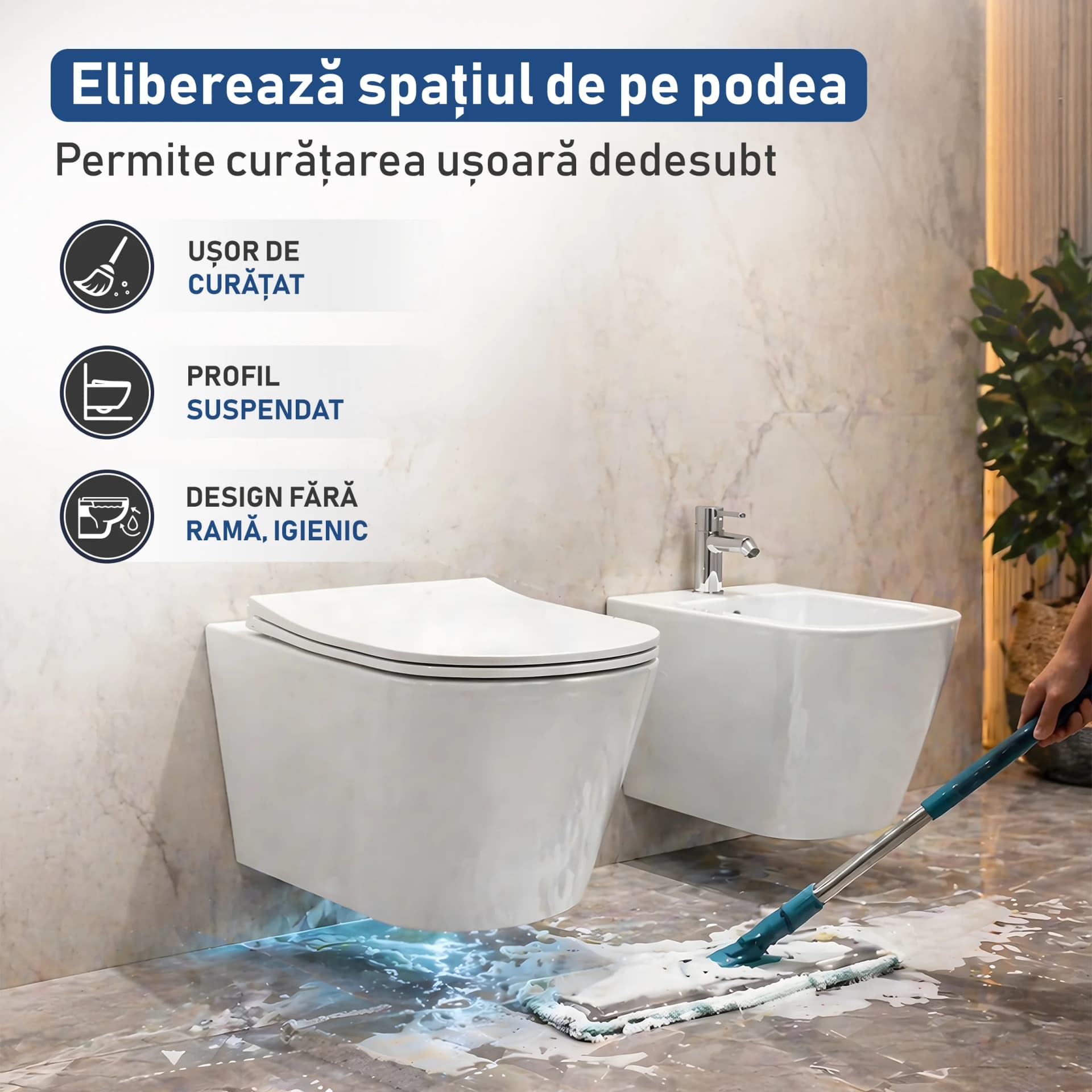Set Vas WC suspendat rimless fara margini Atena cu capac Soft Close Duroplast inchidere lenta + Bide suspendat Alb T201 - 49x36x36cm