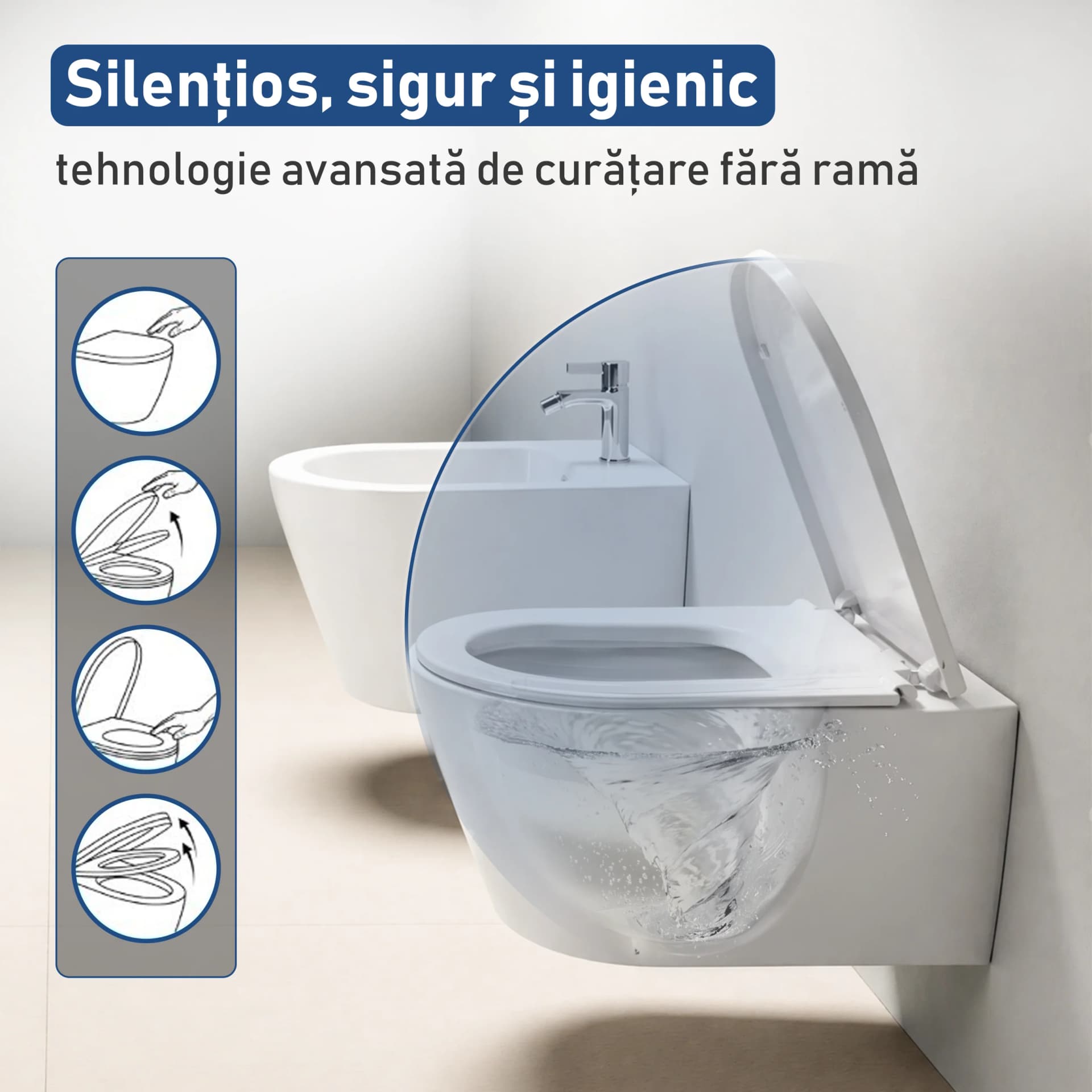 Vas WC suspendat rimless fara margini Sofia  alb ceramica lucioasa cu capac soft close duroplast inchidere lenta T203 - 49x36x36cm