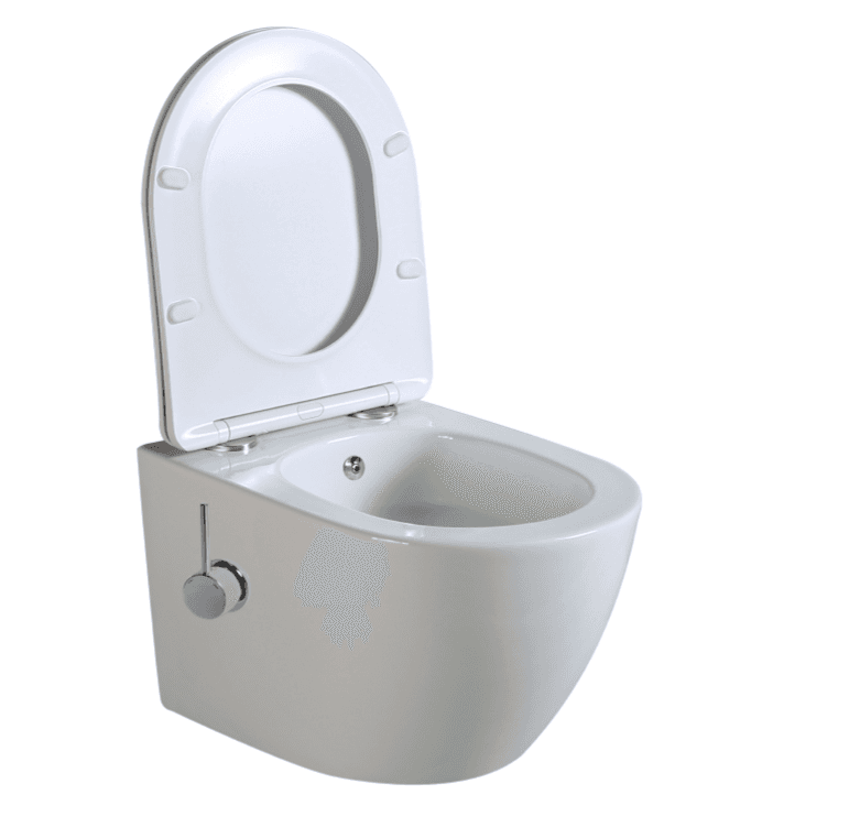 Vas WC suspendat Tornado rimless ST Alb si capac Soft Close Duroplast cu Functie și Baterie Bideu incorporata pentru apa calda și rece - 49x37x39cm