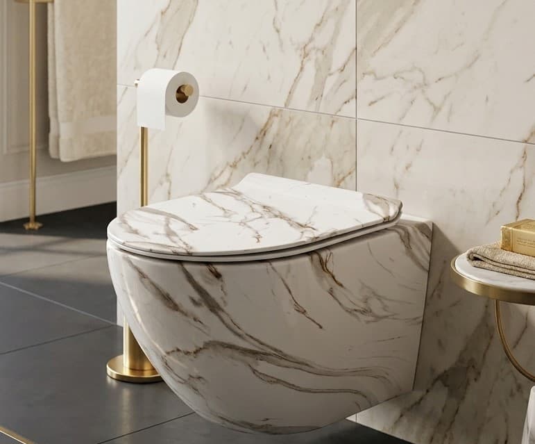 Vas WC suspendat Sofia Marble Tornado Rimless fara margini ceramica lucioasa cu capac soft close duroplast inchidere lenta 49x36x36cm