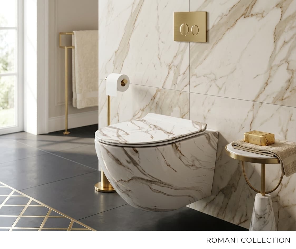 Vas WC suspendat Sofia Marble Tornado Rimless fara margini ceramica lucioasa cu capac soft close duroplast inchidere lenta 49x36x36cm