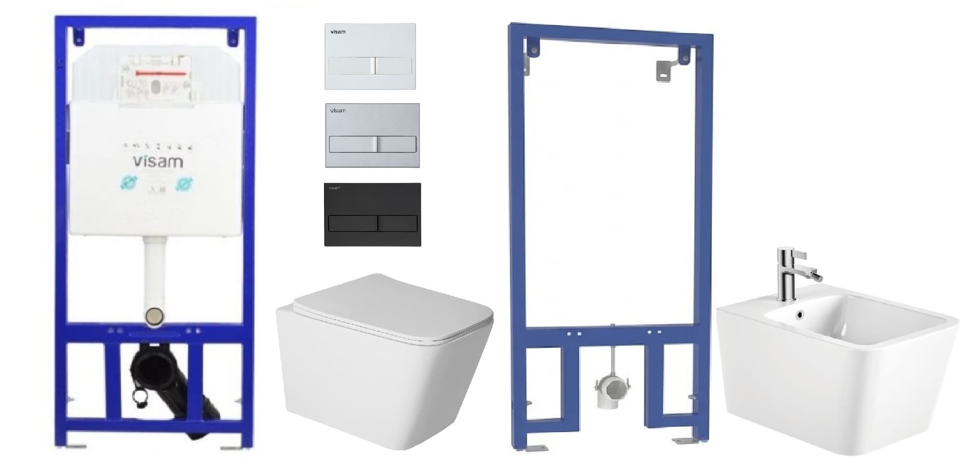 Set 6 in 1 Rezervor incastrat Visam Slim 80 clapeta alba/gri/negru cu Vas WC suspendat Florence alb si capac UV softclose Cadru metalic cu Bide Florence alb suspendat 52x36x36