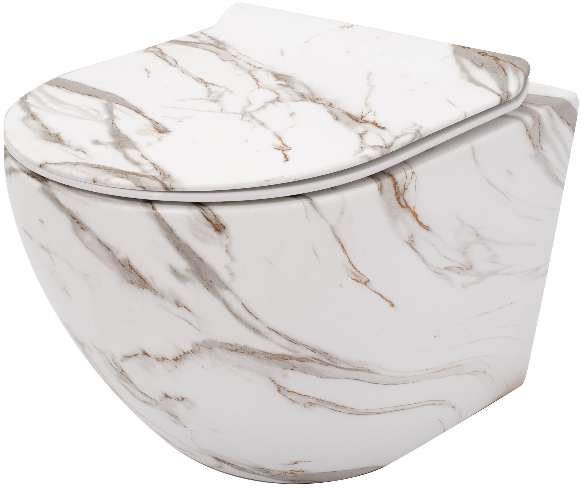 Vas WC suspendat Sofia Marble Tornado Rimless fara margini ceramica lucioasa cu capac soft close duroplast inchidere lenta 49x36x36cm