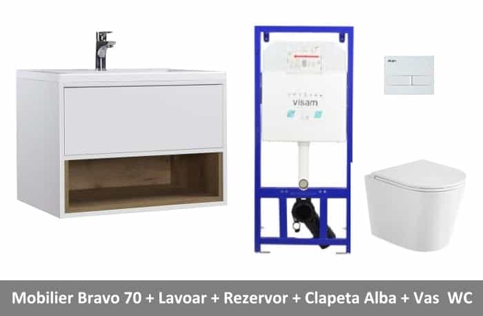 Vas WC suspendat rimless cu capac soft-close, Rezervor încastrat Visam, Mobilier baie suspendat 70cm cu Lavoar