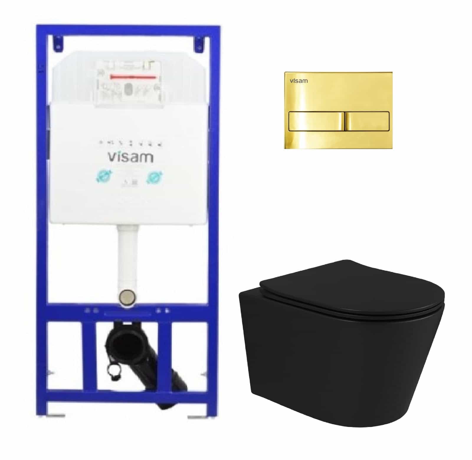 4 in 1 Rezervor incastrat Visam Slim 80 clapeta gold cu Set Vas WC Suspendat negru si capac UV softclose T201MB