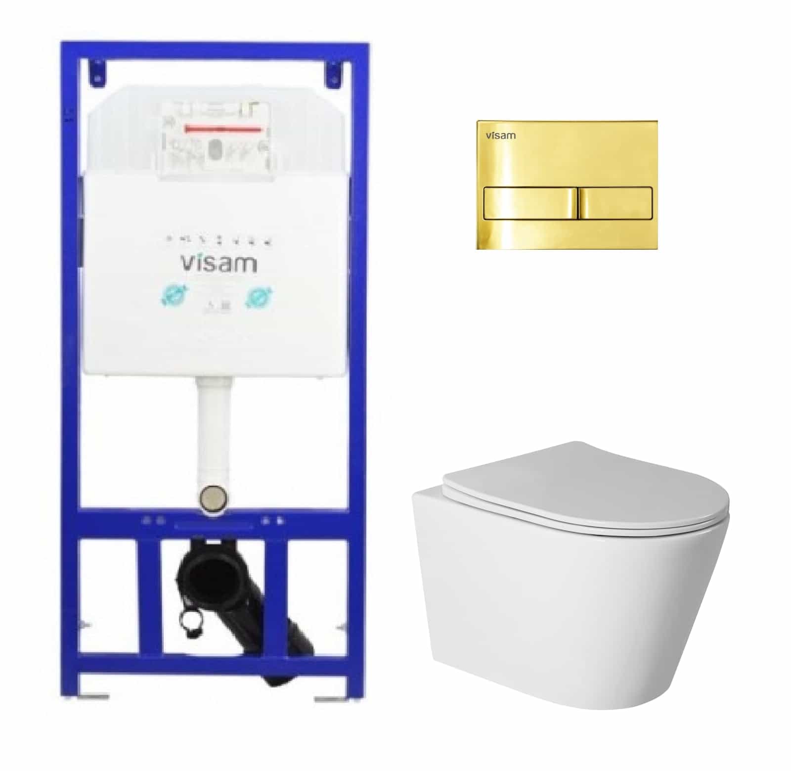 4 in 1 Set Rezervor incastrat Visam Slim 80 clapeta aurie cu Vas WC Suspendat Atena alb si capac UV softclose