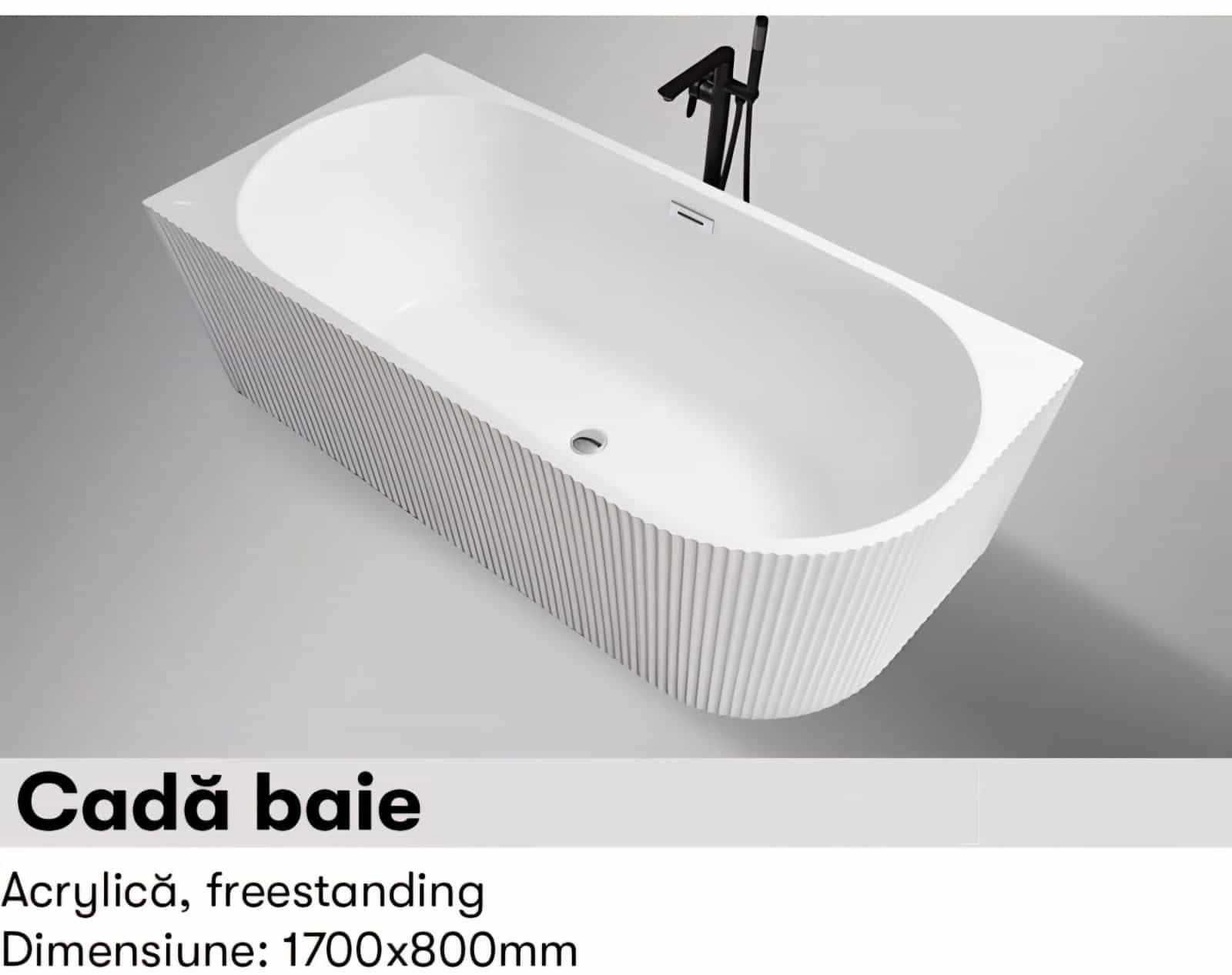 Cadă Freestanding Albă din Acril Mara Reliefata Dreapta/Stanga 170*80x58cm cu Ventil Click-Clack pentru Baie Modernă – Design Elegant și Confort Premium
