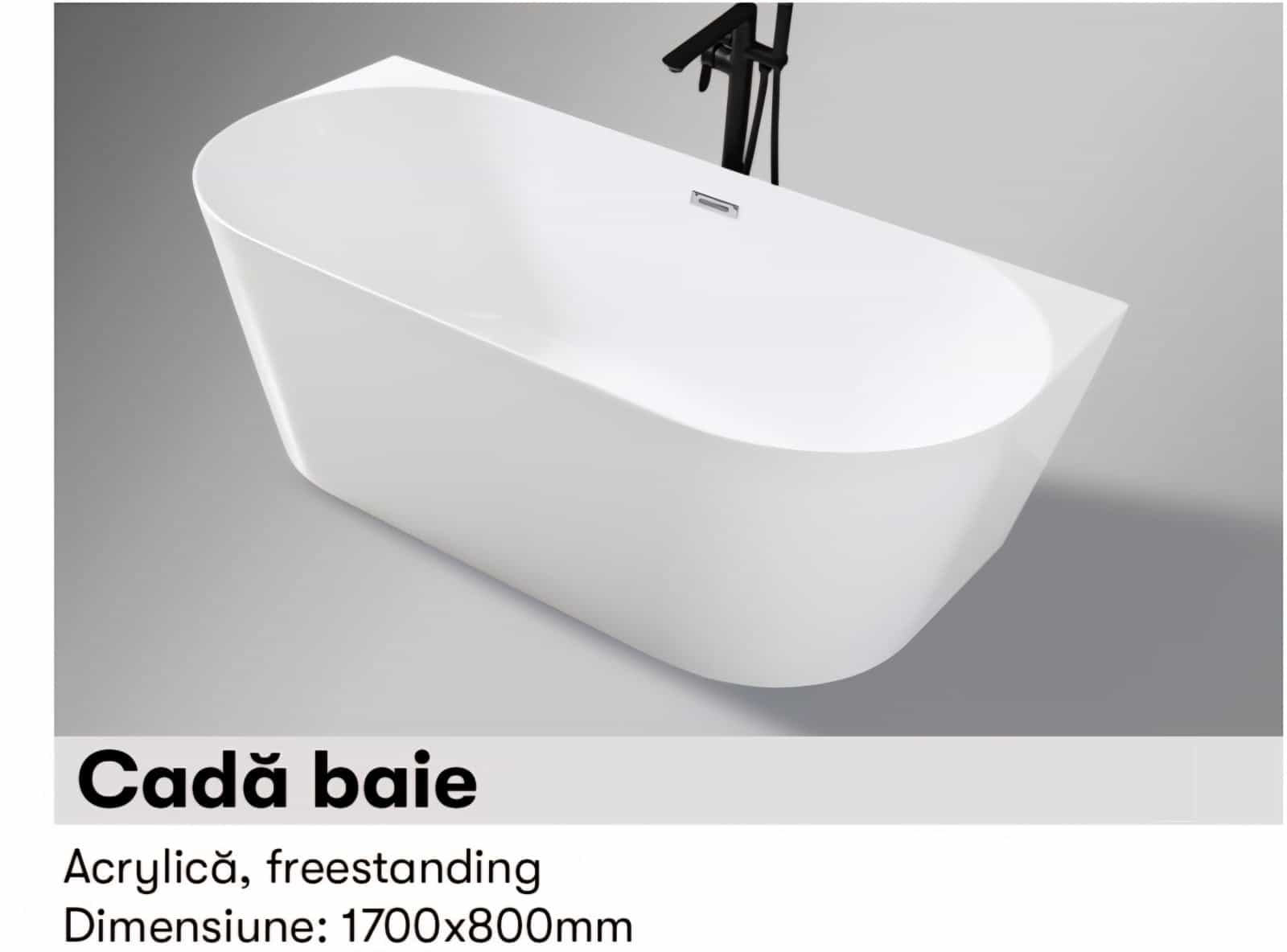 Cadă Freestanding Albă din Acril Rona la perete 170*80*58cm cu Ventil Click-Clack pentru Baie Modernă – Design Elegant și Confort Premium