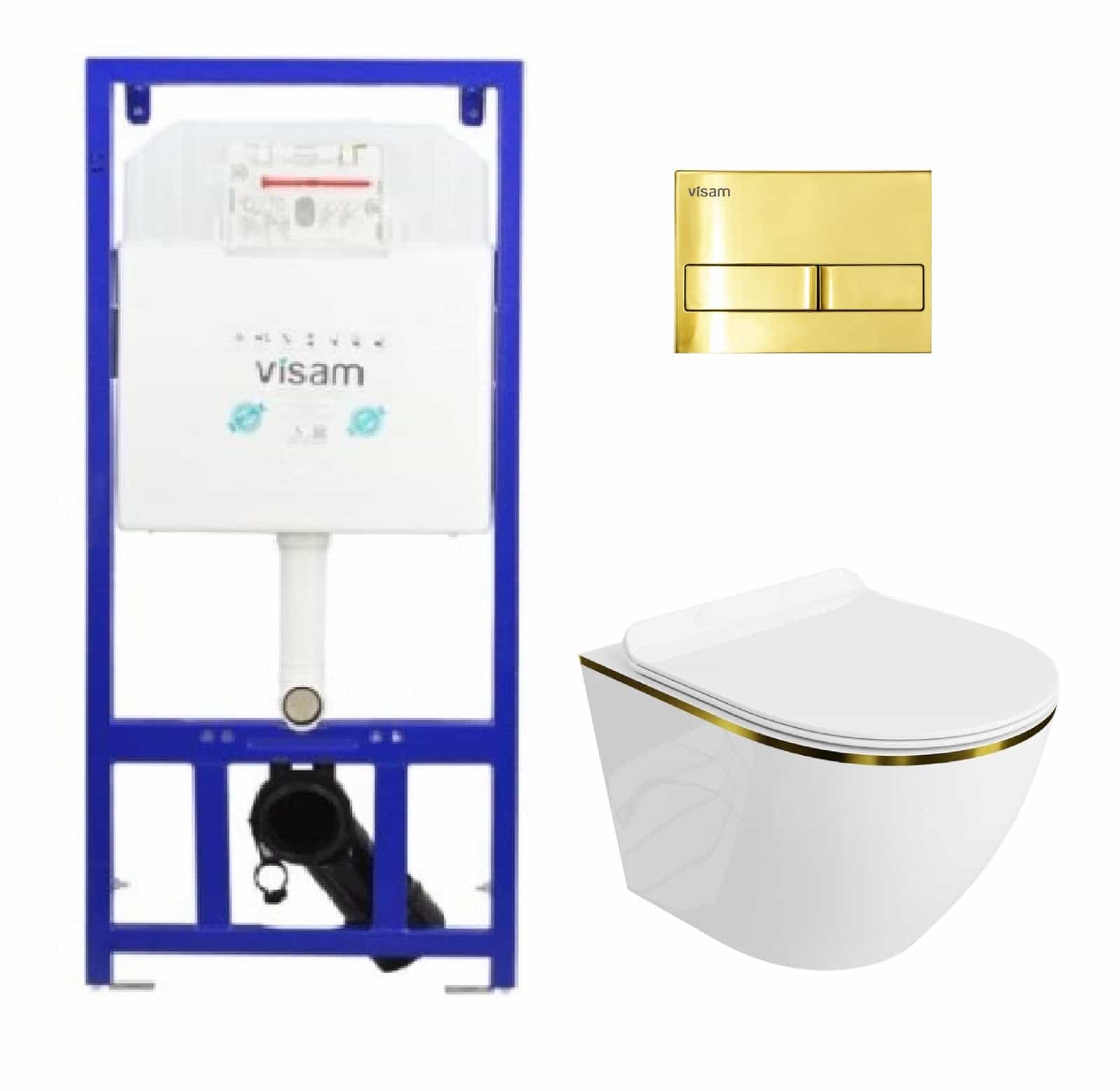 Set 4 in 1 Rezervor incastrat Visam Slim 80 clapeta aurie lucioasa cu Vas WC Suspendat Sofi Gold Line si capac UV softclose