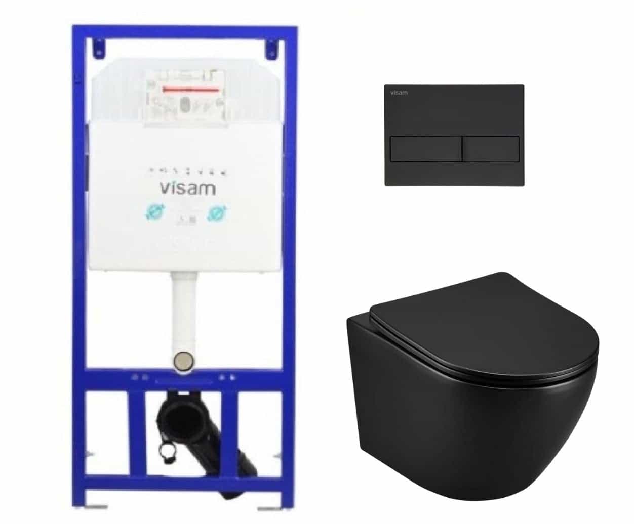 Set Rezervor incastrat Visam Slim 80 clapeta neagra cu Vas WC Suspendat rimless fara margini negru si capac soft close duroplast inchidere lenta T203MB - 49x36x36cm