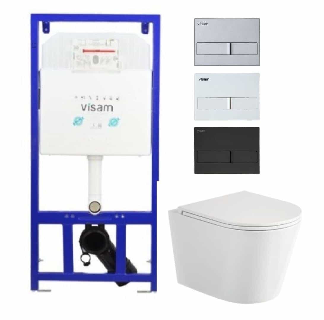 Set WC cu rezervor încastrat Visam Slim – vas WC suspendat rimless Atena cu capac soft-close și clapetă inclusă T201