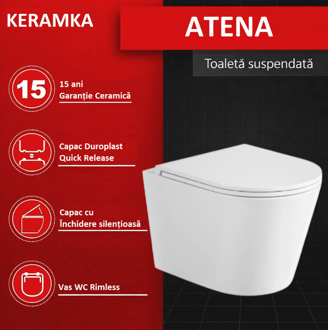 Vas WC suspendat rimless fara margini Alb Atena din ceramica lucioasa cu capac Soft Close duroplast cu inchidere lenta T201 - 49*36*36cm