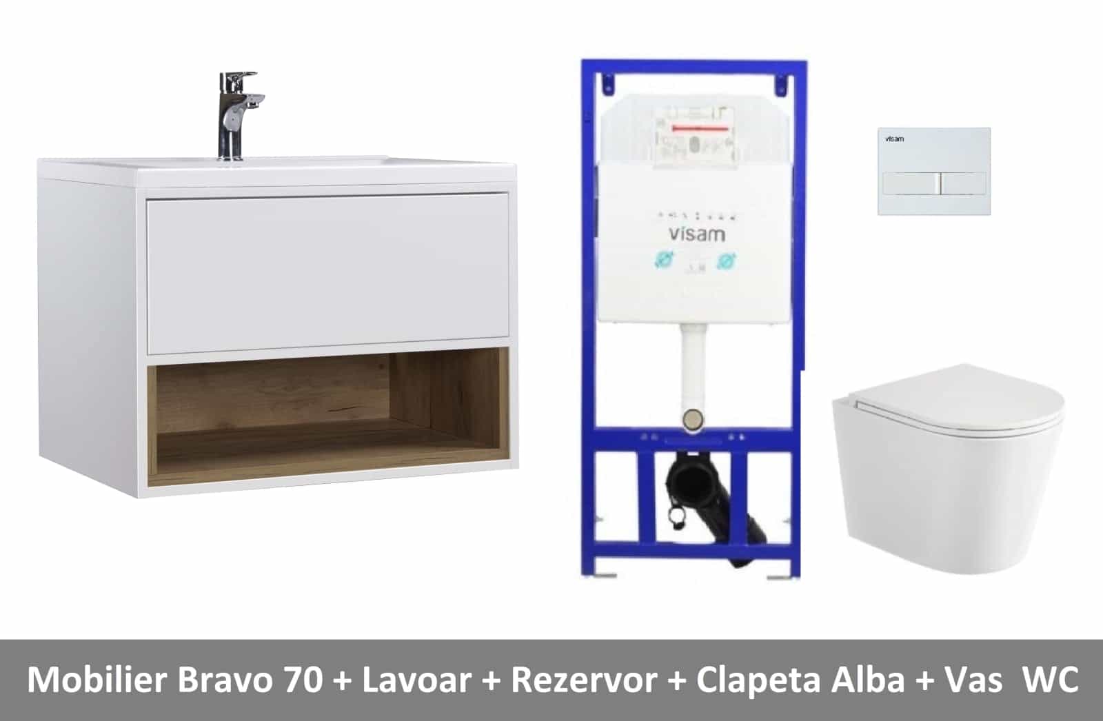 Vas WC suspendat rimless cu capac soft-close, Rezervor încastrat Visam, Mobilier baie suspendat 70cm cu Lavoar