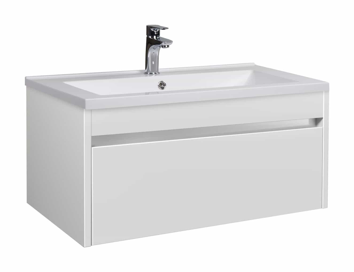 Set Mobilier Baie Suspendat din MDF Vopsit-Lacuit Prime 80-A + Lavoar Blat integrat Alb Compozit Cosmo 80 / 800x430x450mm